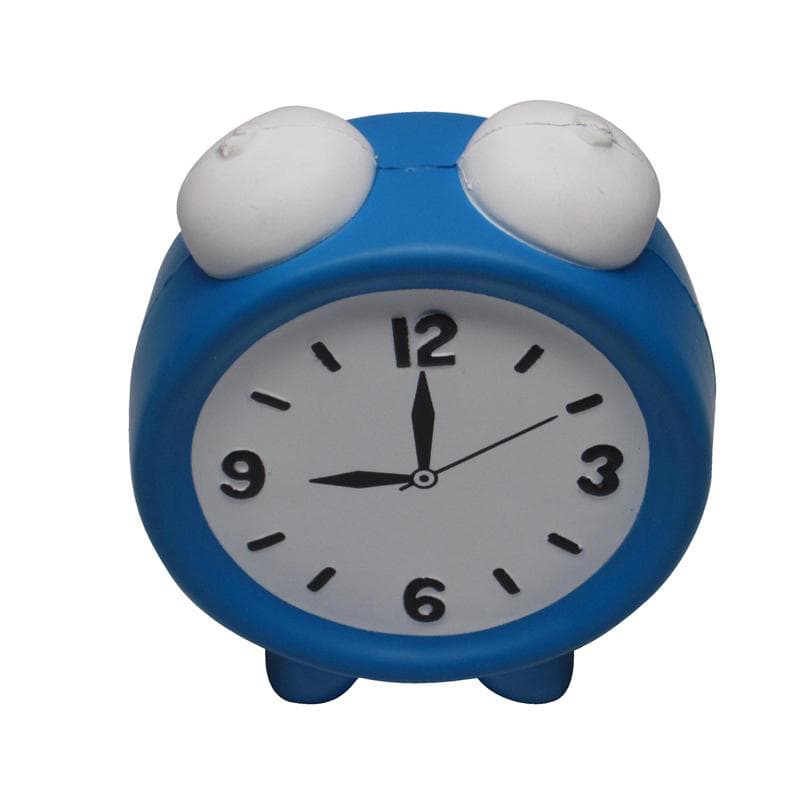 A blue alarm clock-shaped stress reliever with white clock face and black hour markers. Features a logo.