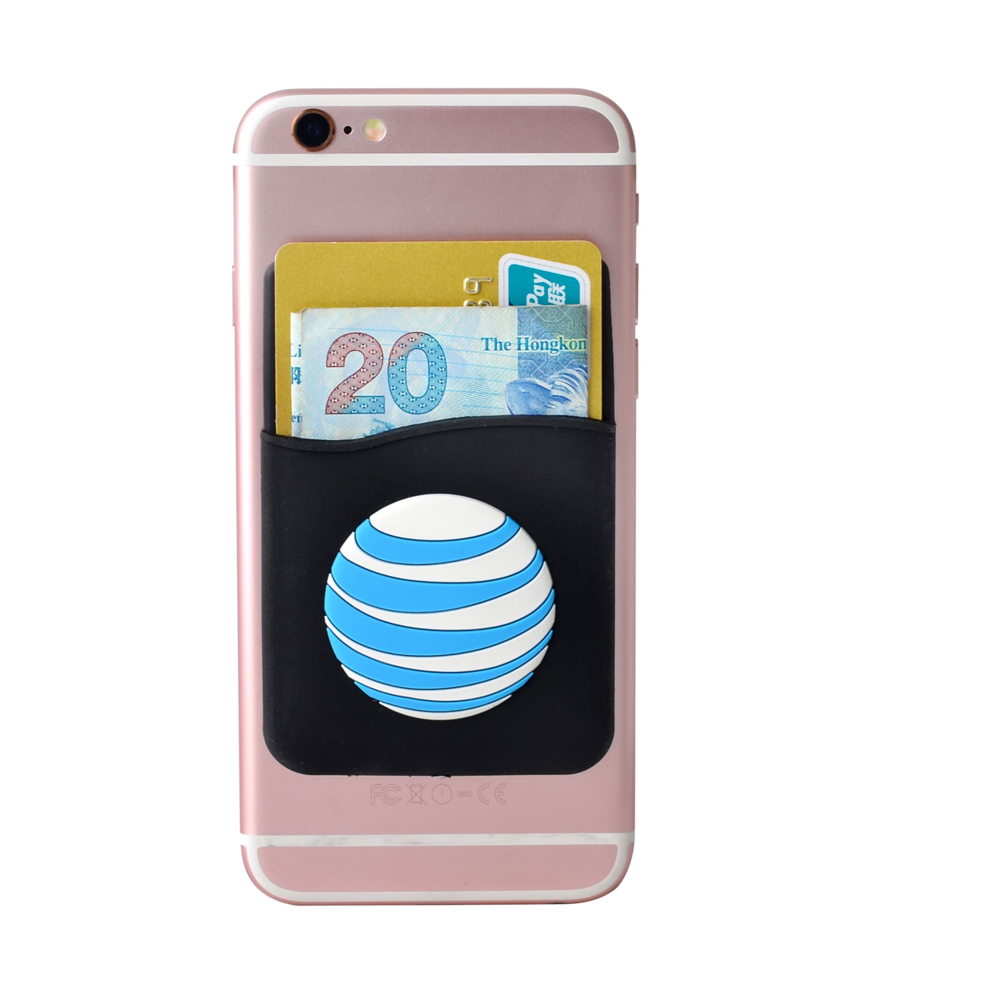 A black moulded smart wallet attached to a rose gold phone, holding a banknote and a card.