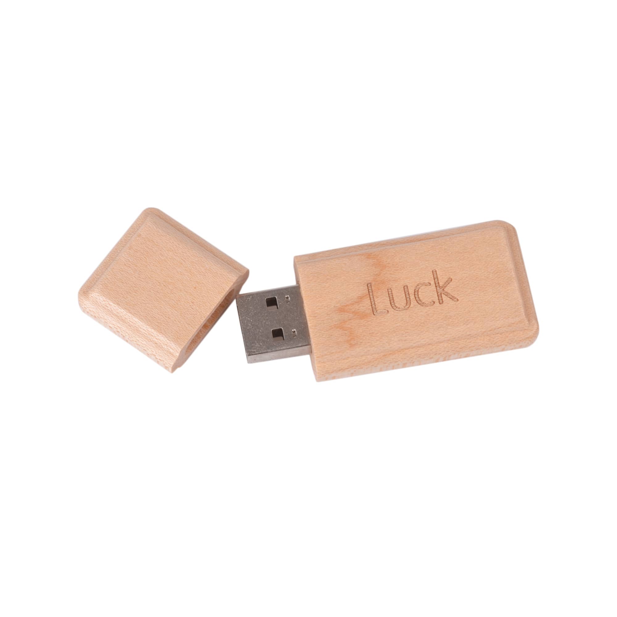 A wooden flash drive in natural colour with a removable cap, featuring a logo on its surface.