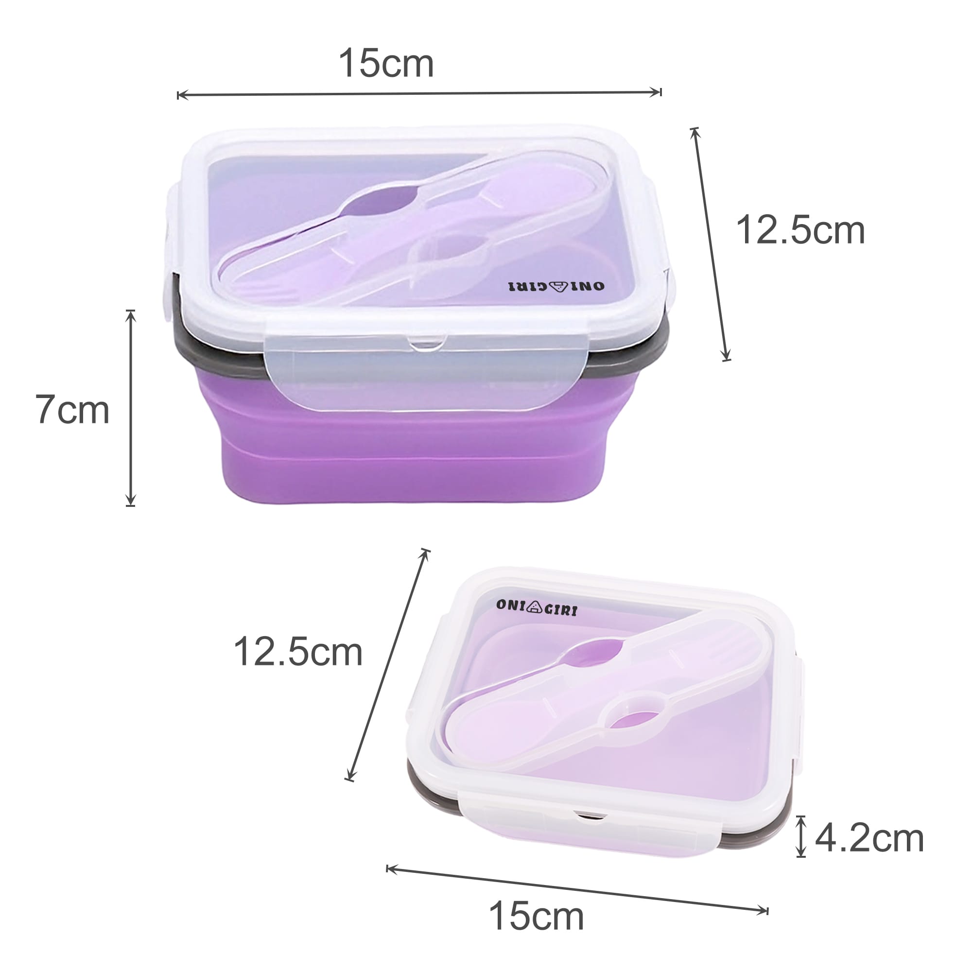 A reusable silicone food storage container in purple, featuring a transparent lid and measuring 15cm x 12.5cm x 7cm.
