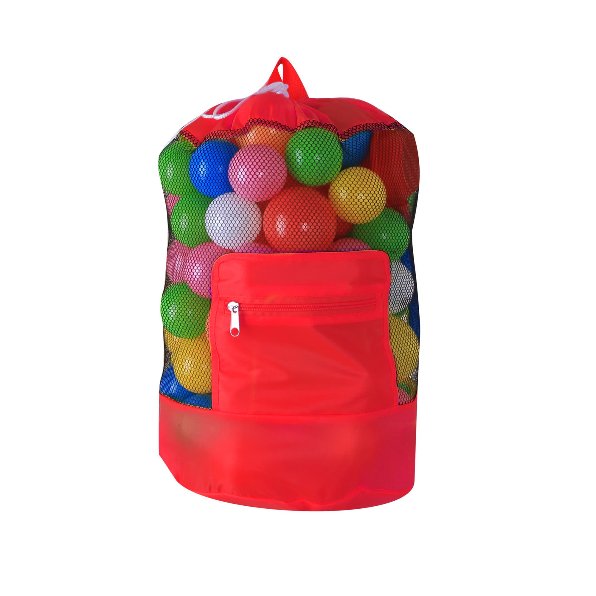 A red foldable mesh drawstring backpack filled with colourful plastic balls, featuring a front pocket.