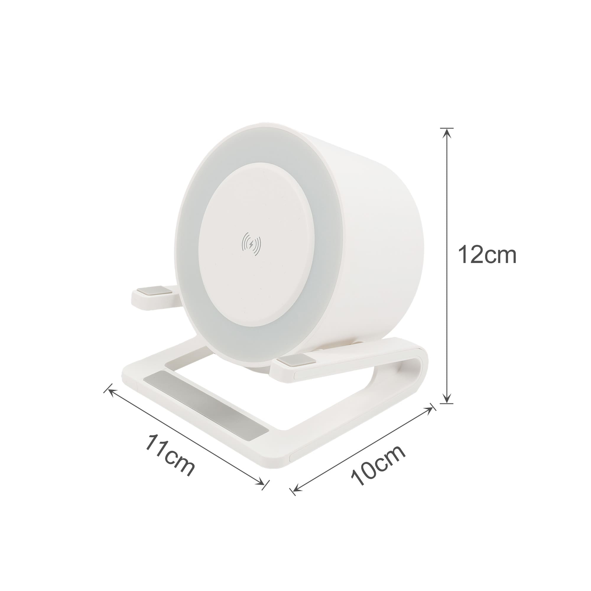 A white night light speaker with wireless charging feature, featuring a stand and dimensions of 12cm height and 11cm width.