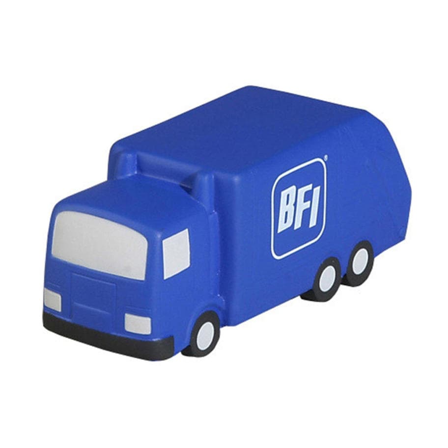 A blue garbage truck-shaped stress reliever with a simple design and a logo on the side.