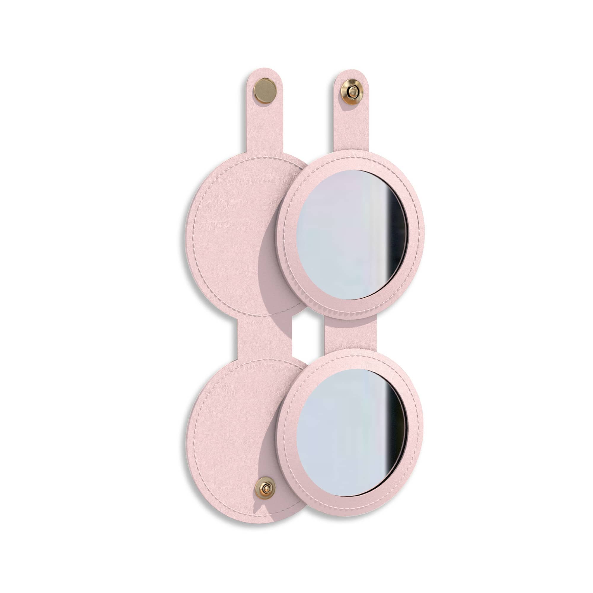 A round folding pocket mirror in a soft pink casing, featuring a logo on the front and two mirrored surfaces.