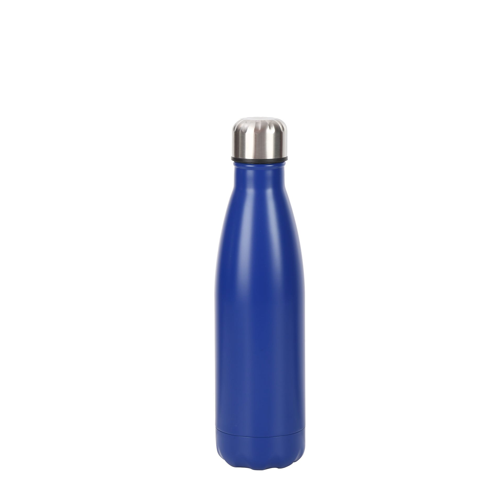 A drink bottle featuring a blue stainless steel exterior with a silver screw top lid and a branding logo.