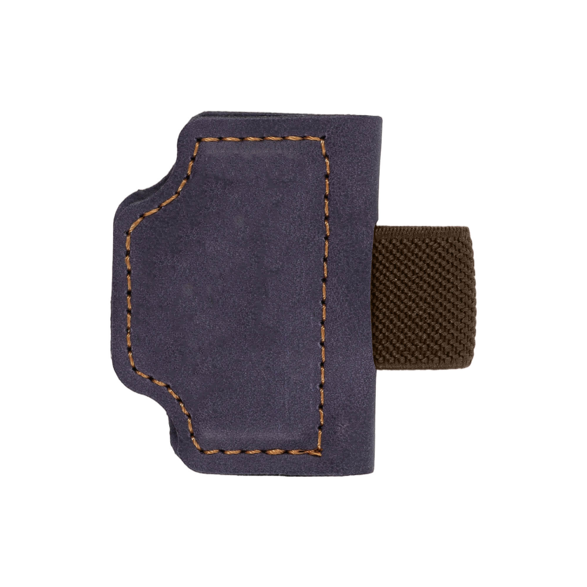 A magnetic bookmark with pen clip in navy blue and brown, featuring stitching detail and a simple design.