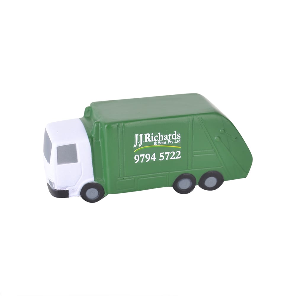 A green garbage truck-shaped stress reliever with a white front and a logo on the side.