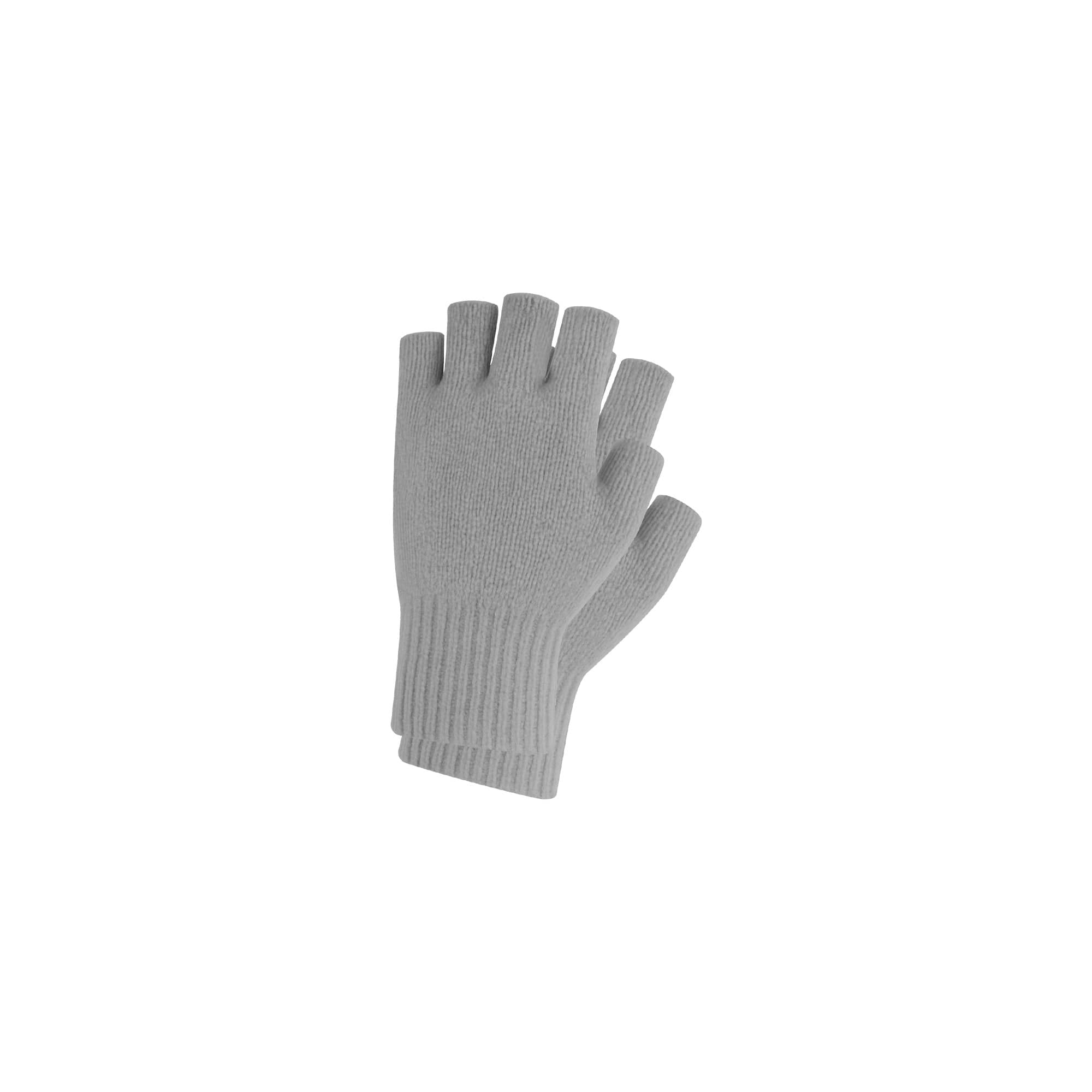 A pair of grey knitted fingerless gloves featuring a ribbed cuff and a woven label.