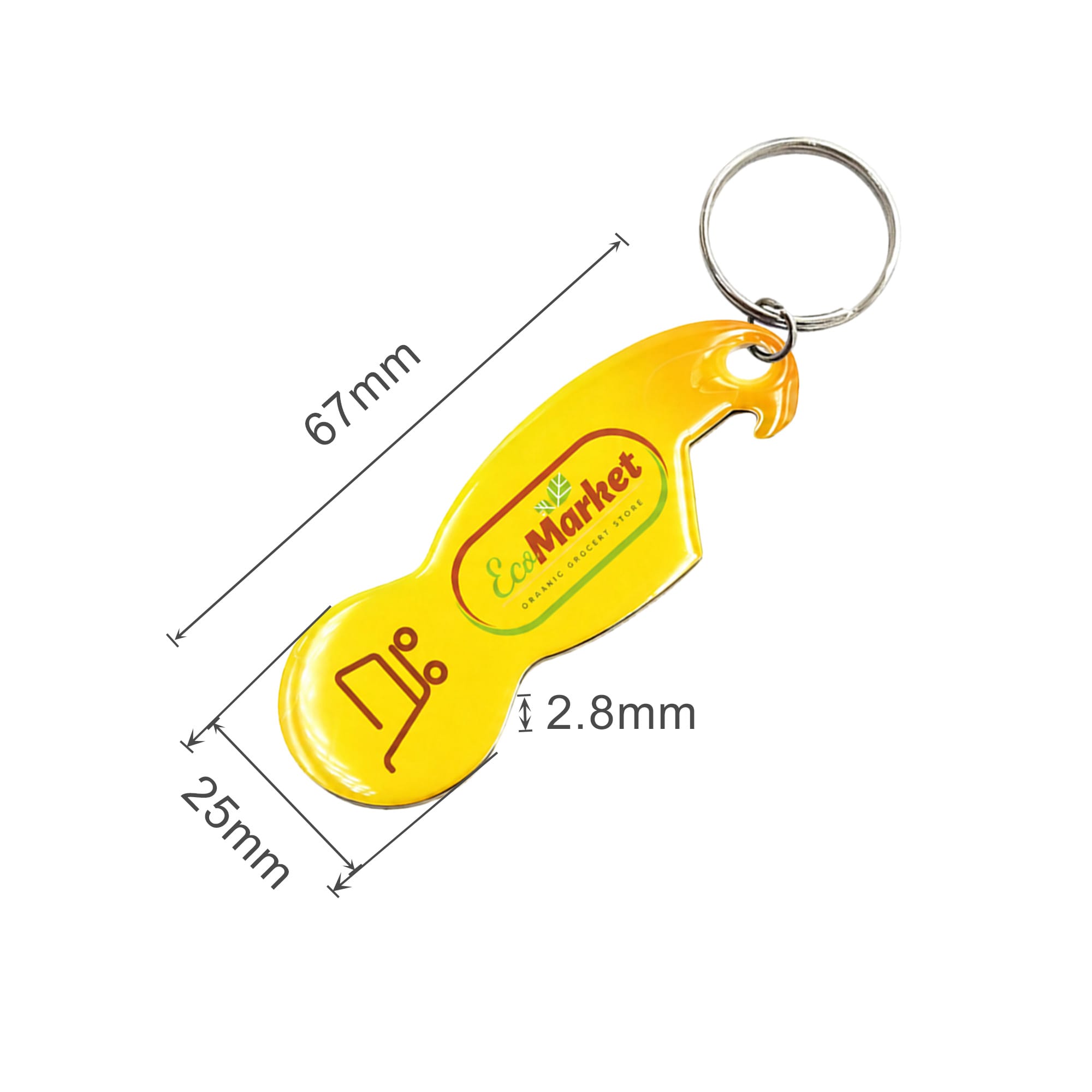A drink bottle opener keyring in a bright yellow colour, featuring a logo and measuring 67mm in length.