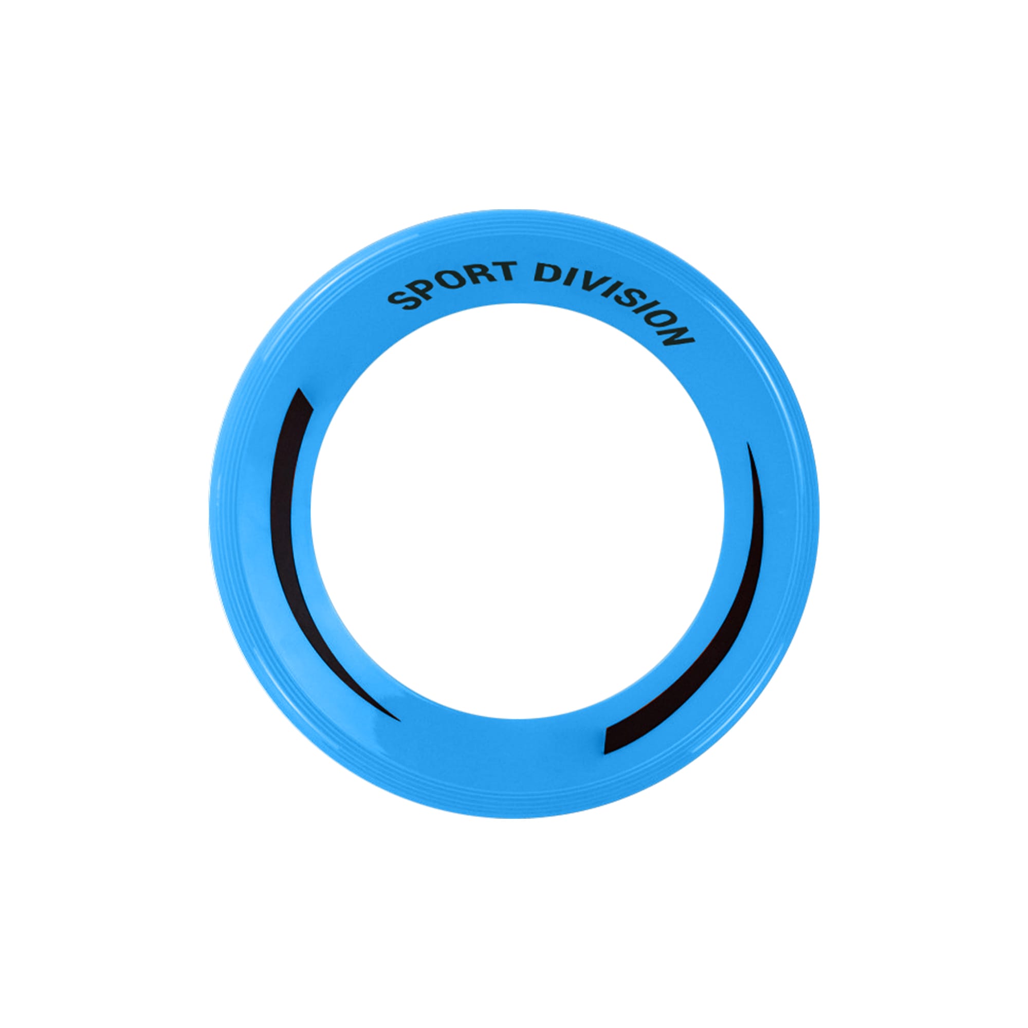 A blue flying disc with a black design and a logo on the surface.