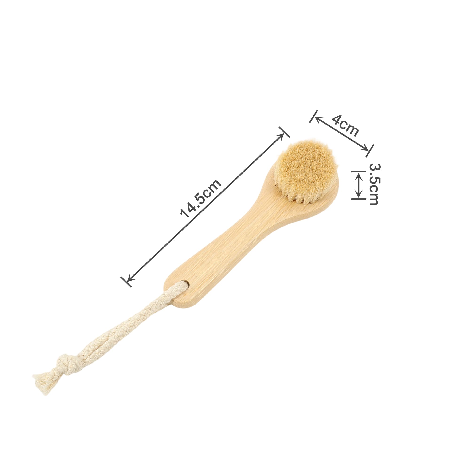 A natural wooden face brush with a soft bristle head, measuring 14.5 cm long and featuring a rope handle.