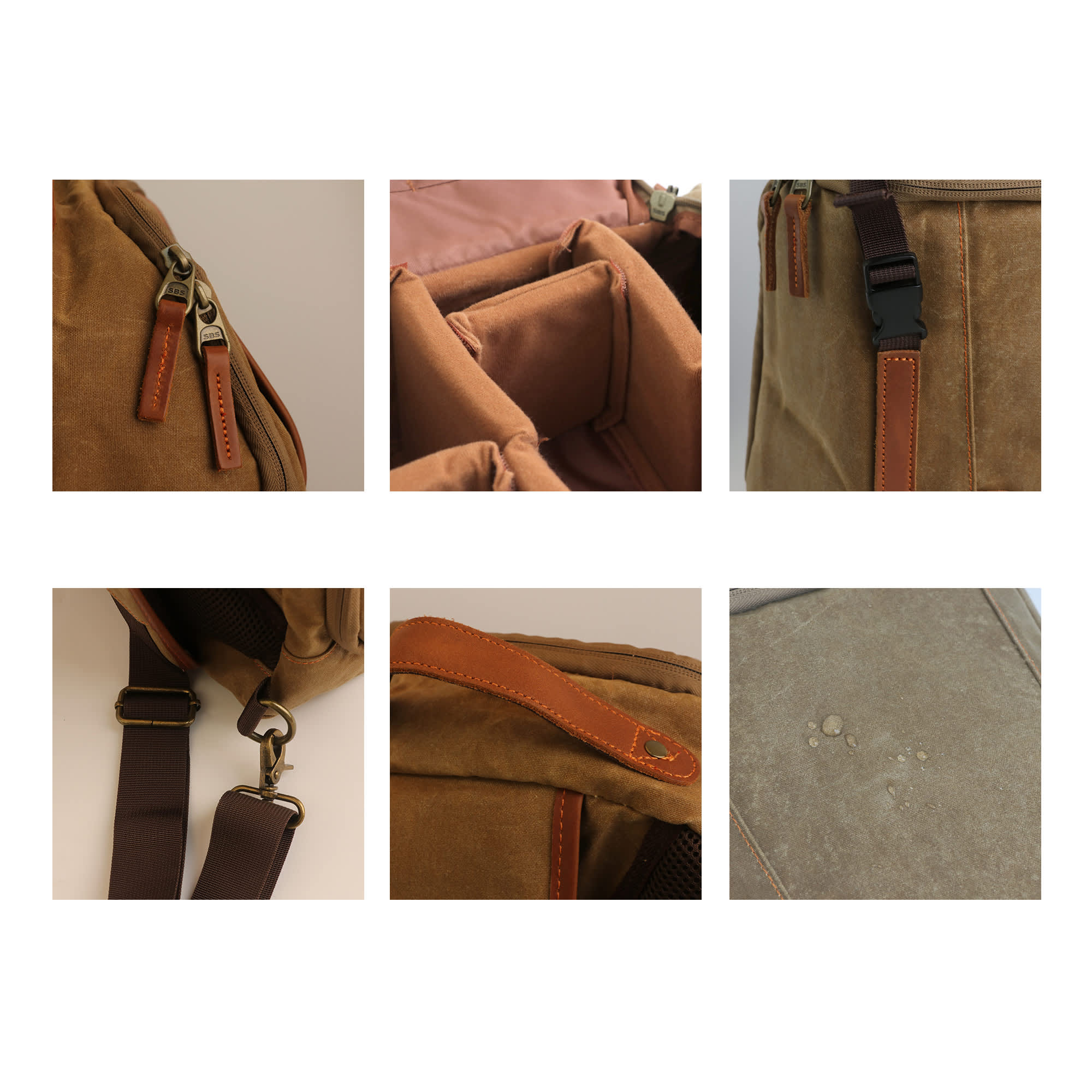 A waxed canvas camera sling bag in tan, featuring leather accents, zippers, and adjustable straps.