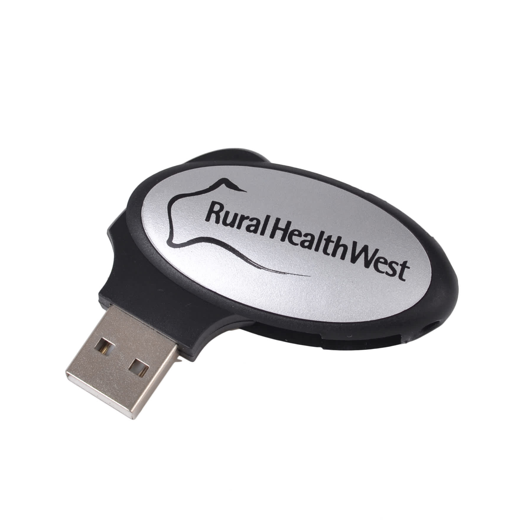 An oval swivel flash drive in black and silver, featuring a logo on its surface.