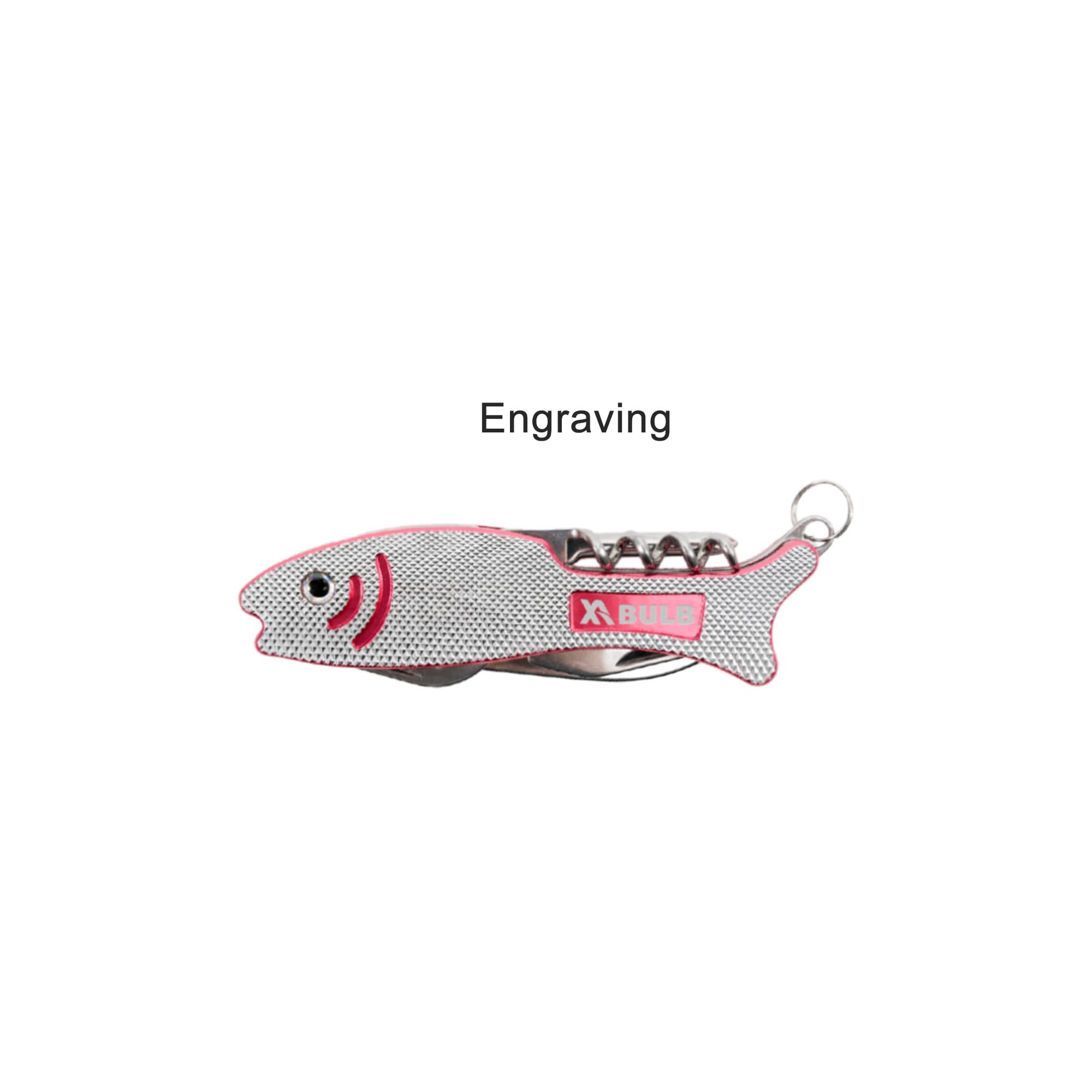 A silver multitool in the shape of a fish, featuring pink accents and a keyring attachment.