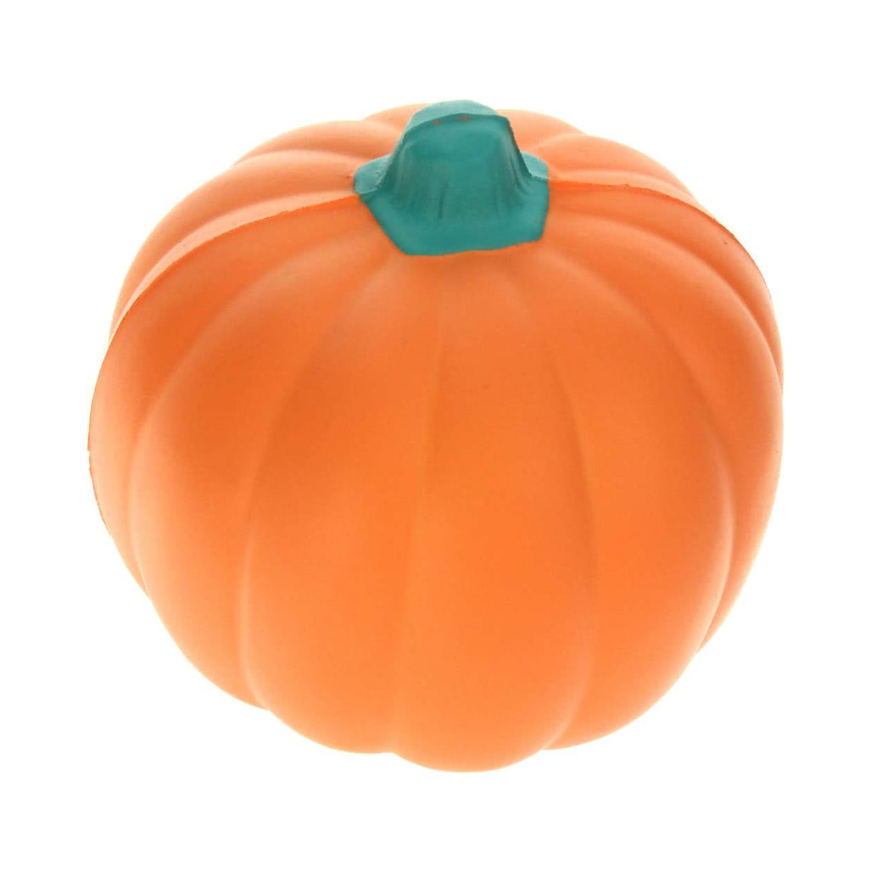 An orange pumpkin-shaped stress reliever with a green stem on top. Smooth texture and rounded design.
