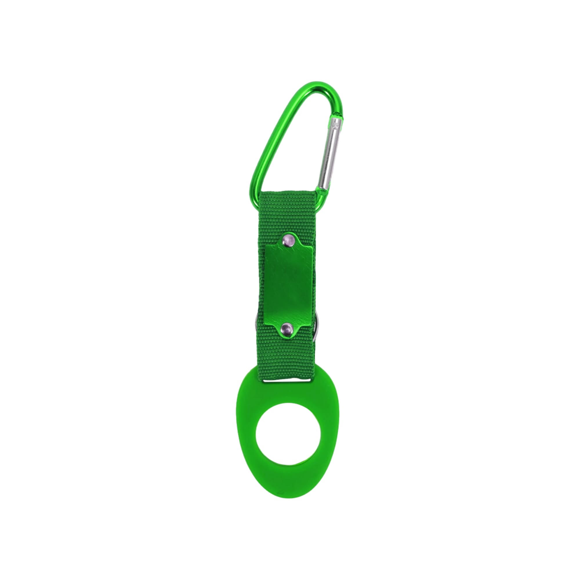 A drink bottle holder featuring a green carabiner clip and a rubber bottle holder, with a simple design.