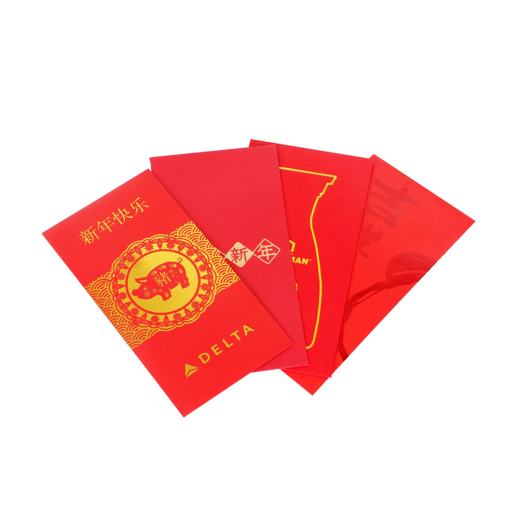 A set of four red envelopes displaying various designs, featuring gold accents and a logo.