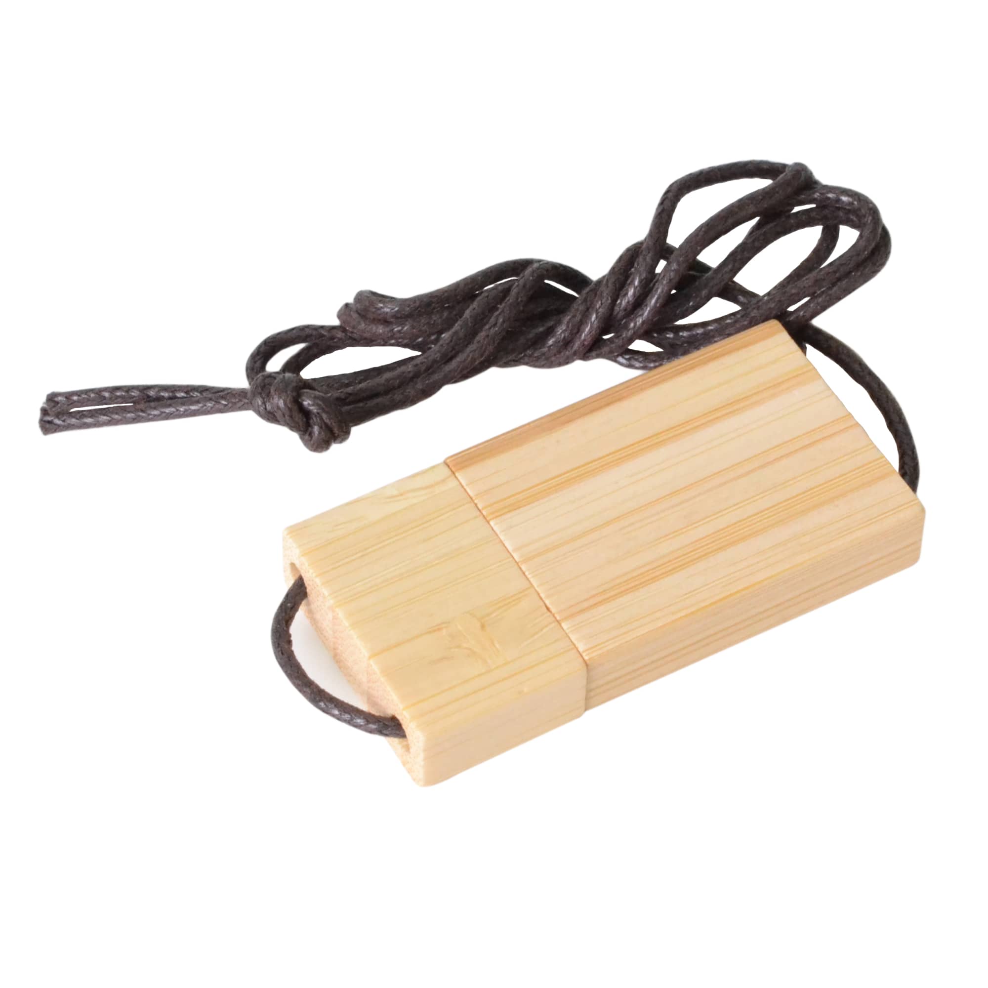 A wooden string flash drive in natural wood tone, featuring a cord for easy carrying. It has a simple, rustic design.