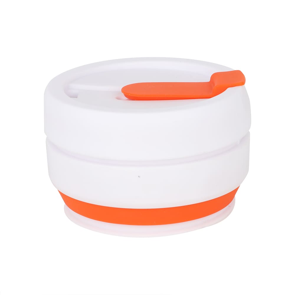 A drink bottle featuring a collapsible design in white with an orange band and lid. Includes a logo.