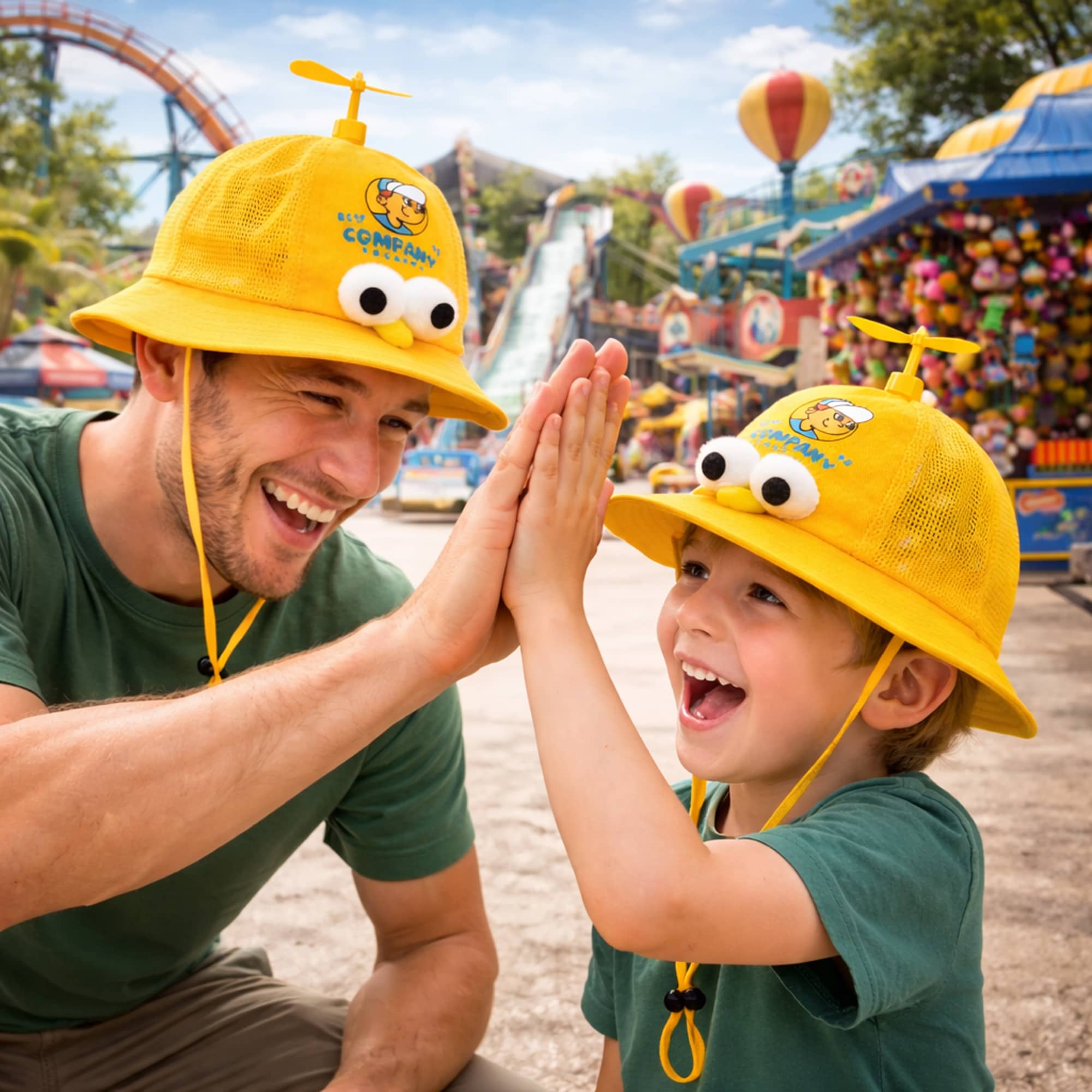 A yellow propeller hat is worn by a man and a boy, both smiling and sharing a high-five in a festive outdoor setting.