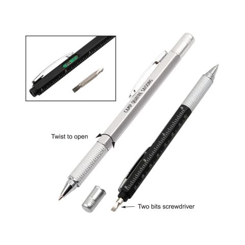 A multi-function pen in silver and black, featuring a twist mechanism and two-bit screwdriver. Includes branding.