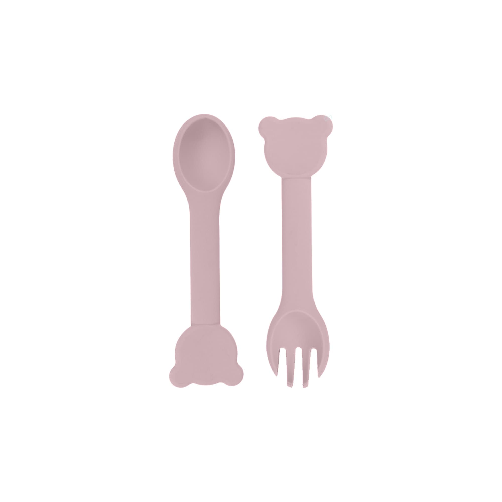 Bear shape silicone cutlery set in soft pink, includes a spoon and fork with bear-shaped handles.