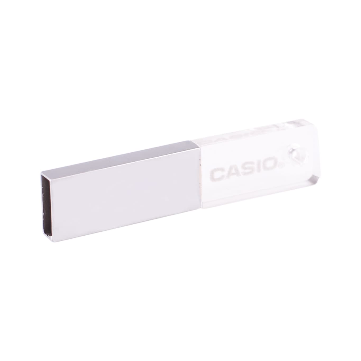 A rectangular crystal flash drive in silver with a clear section, featuring a logo.
