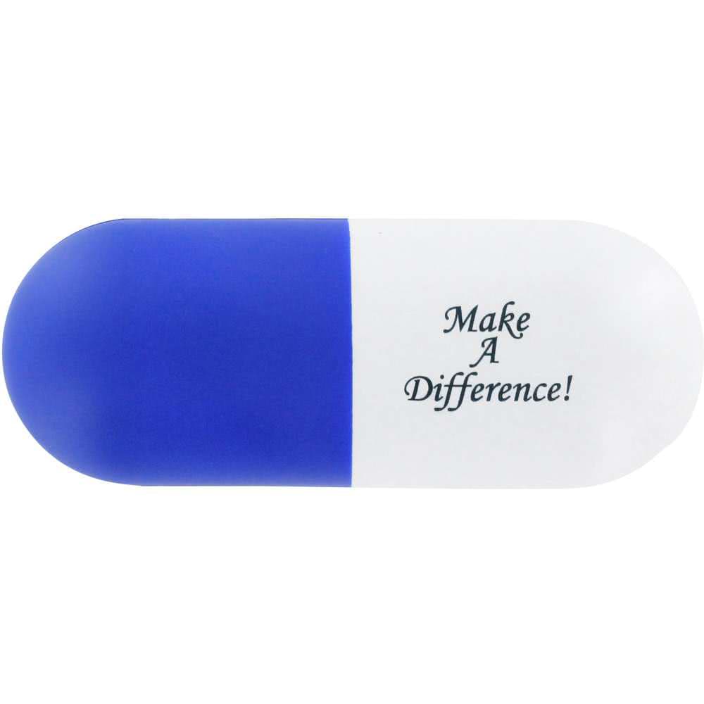 A capsule-shaped stress reliever in blue and white, featuring a logo and motivational text.