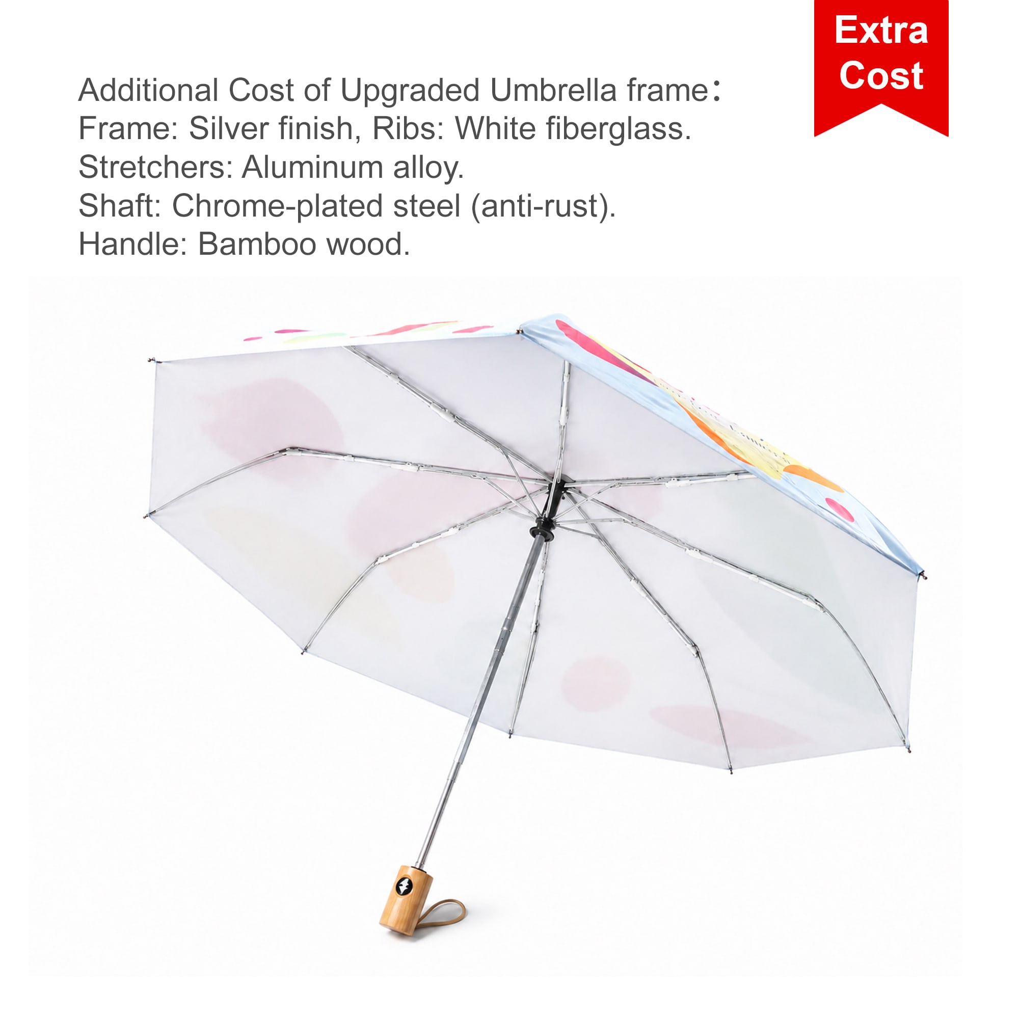 A triple folding RPET umbrella featuring a silver finish frame, white ribs, and a bamboo wood handle.