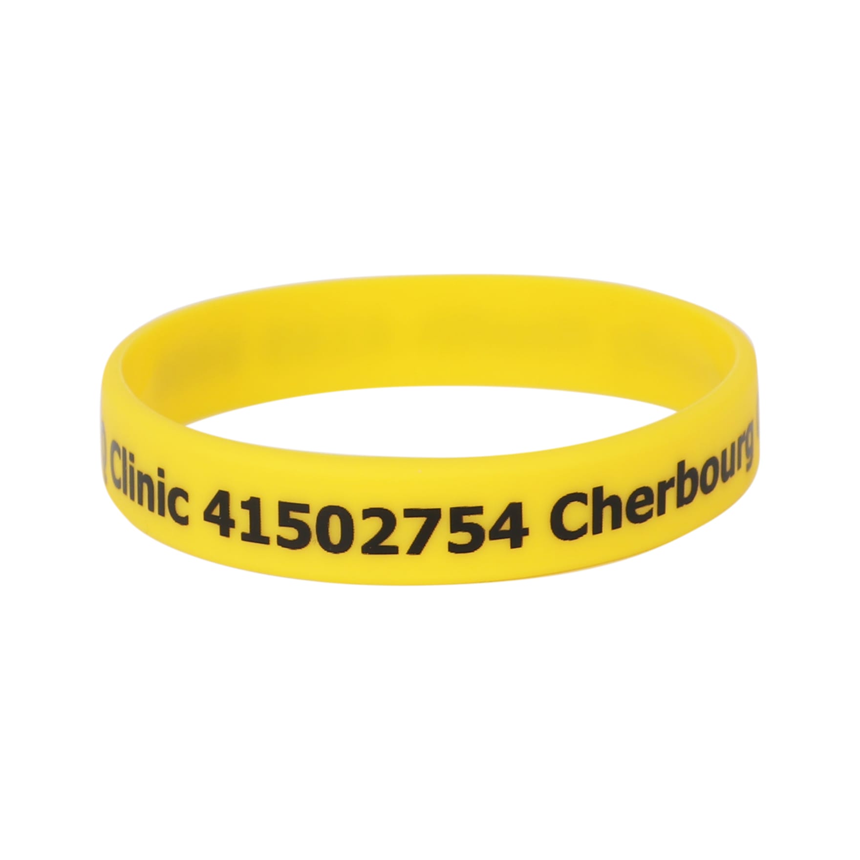 A yellow silicone wristband featuring black text and a logo, promoting a clinic in Cherbourg.