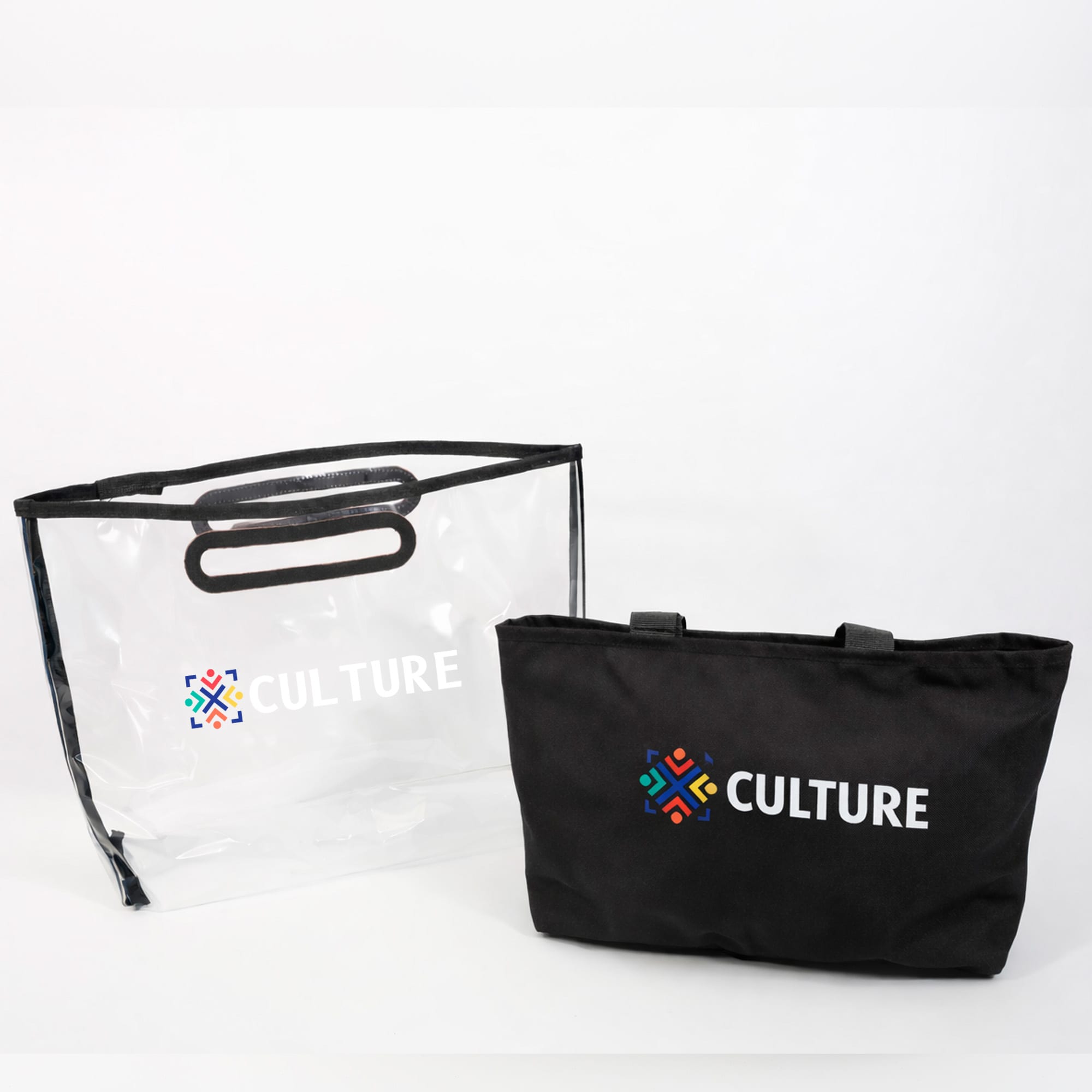 A black tote bag with handles next to a transparent PVC cover, both featuring a logo.