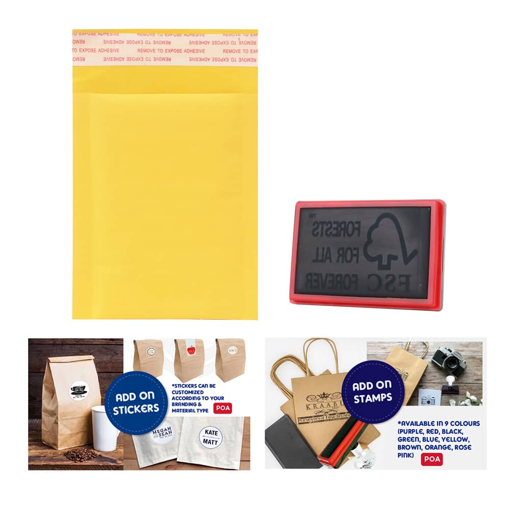 A medium yellow padded bubble envelope with a branding logo, displayed alongside a stamp and various bag options.