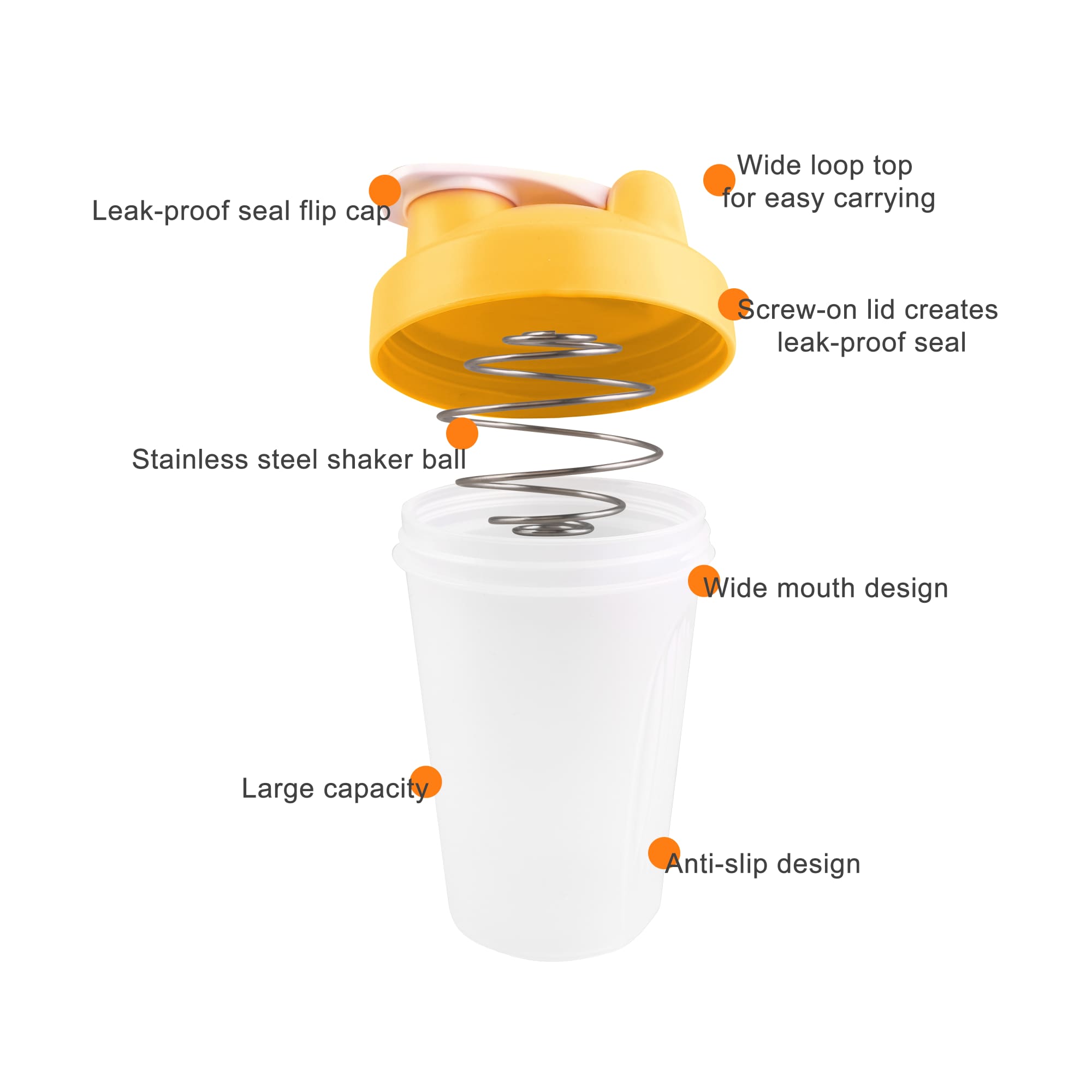 A drink bottle featuring a white body and yellow screw-on lid, with a stainless steel shaker ball inside and a wide mouth design.