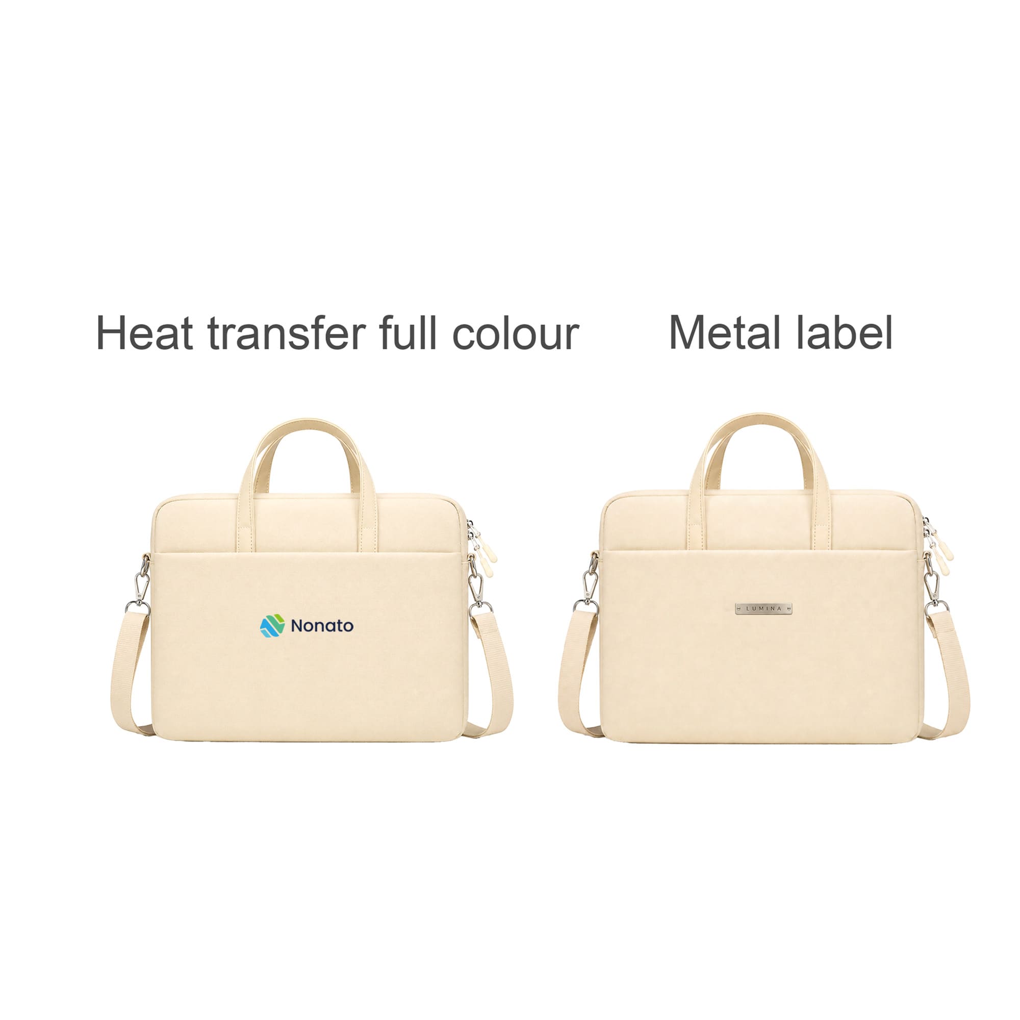 A beige laptop bag with handles, featuring a logo and a metal label, designed for carrying laptops.