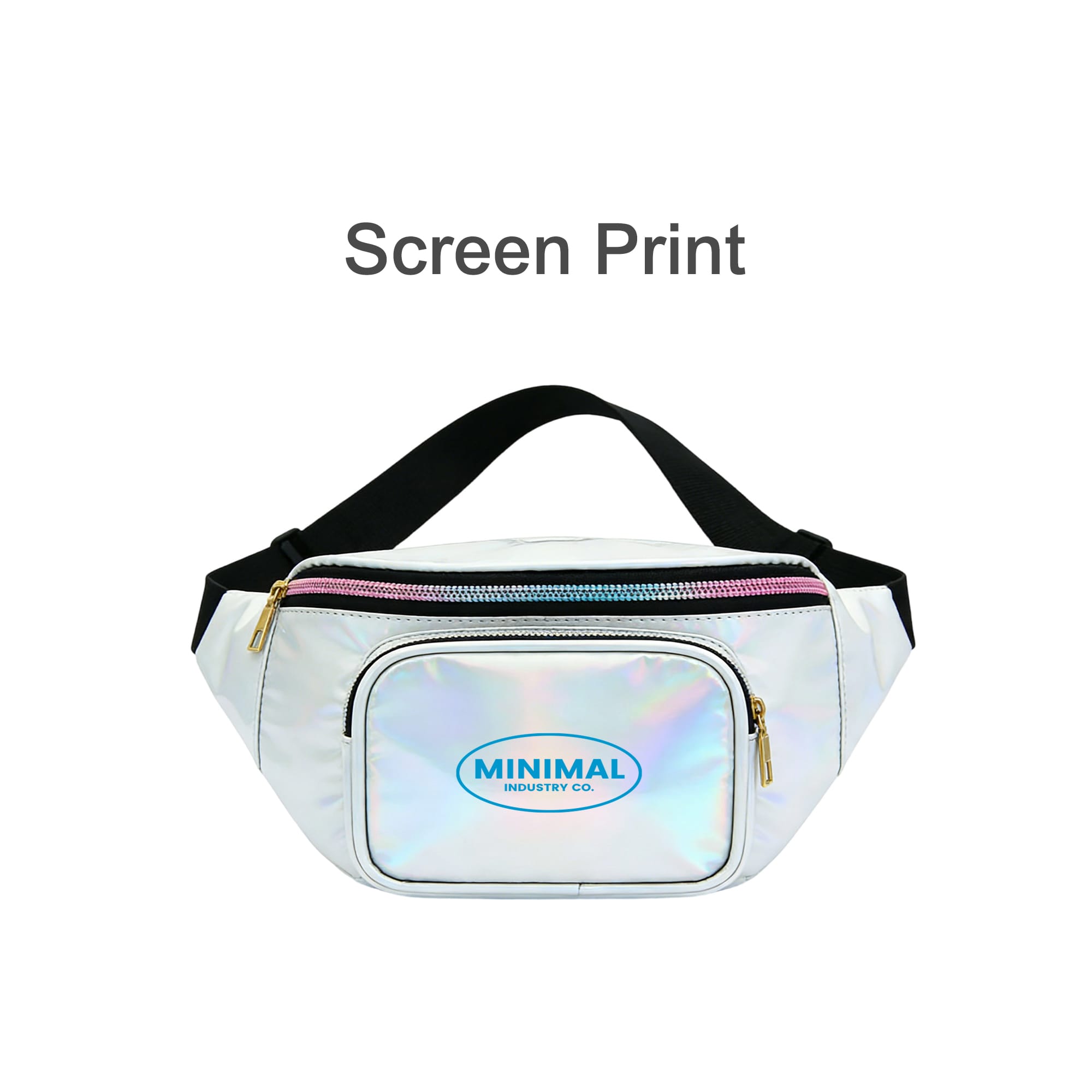 A holographic waist bag in silver with a front pocket, featuring a logo and a black adjustable strap.