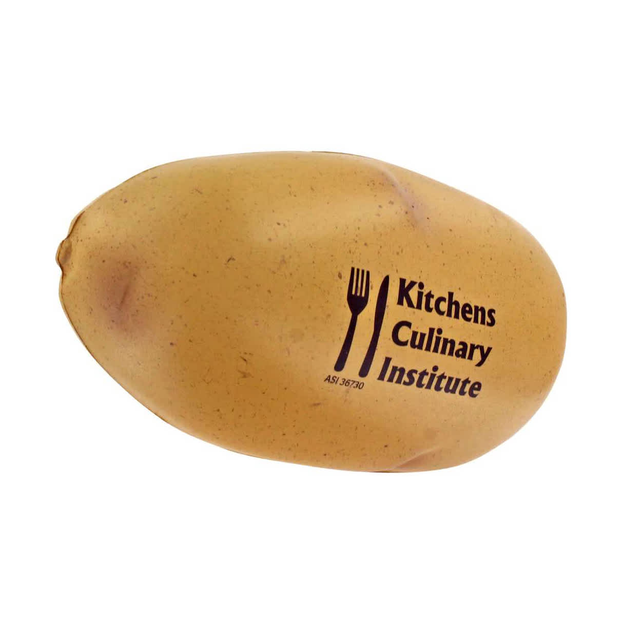 A yellow potato-shaped stress reliever featuring a logo.