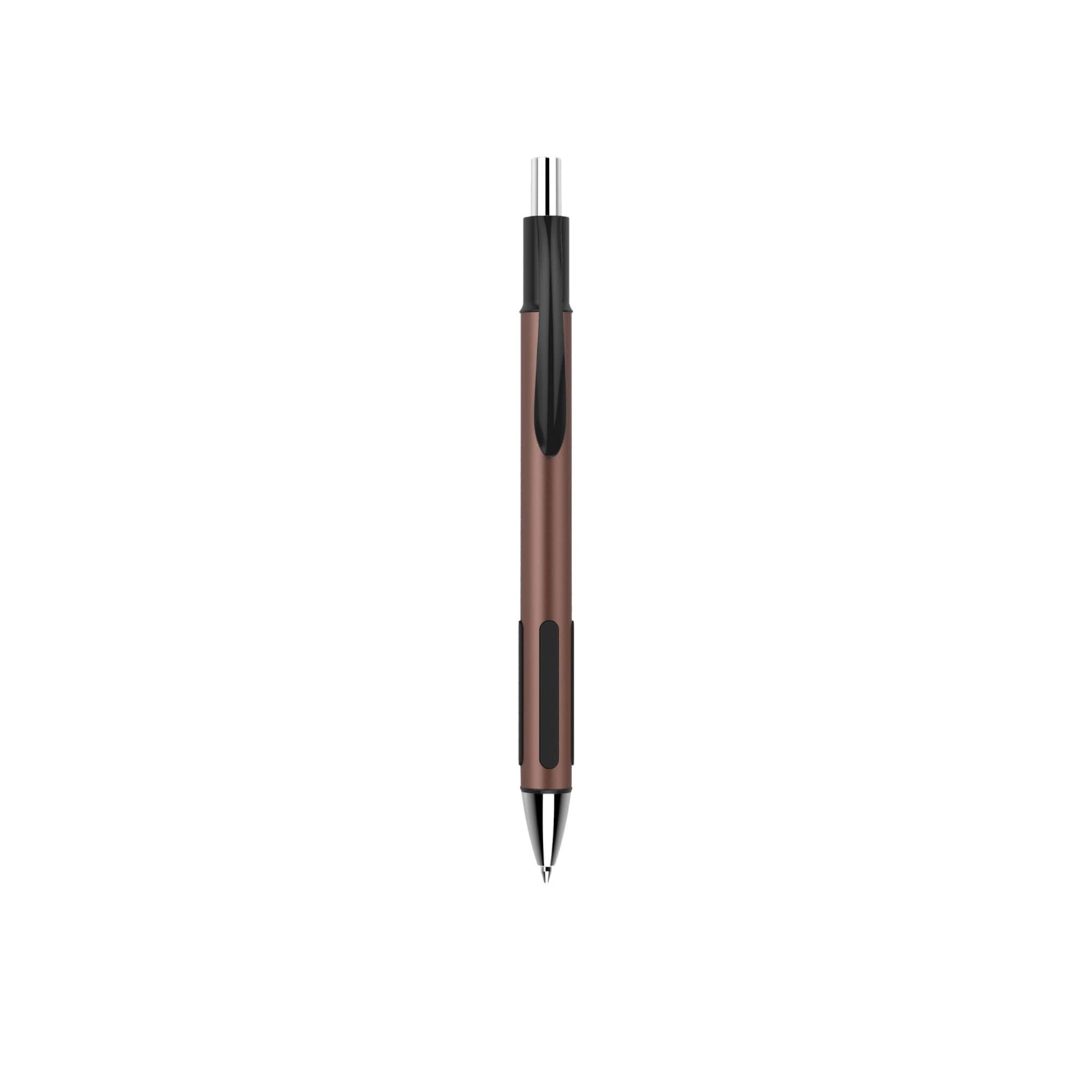 A plastic pen in brown and black, featuring a sleek design with a clip and a logo.