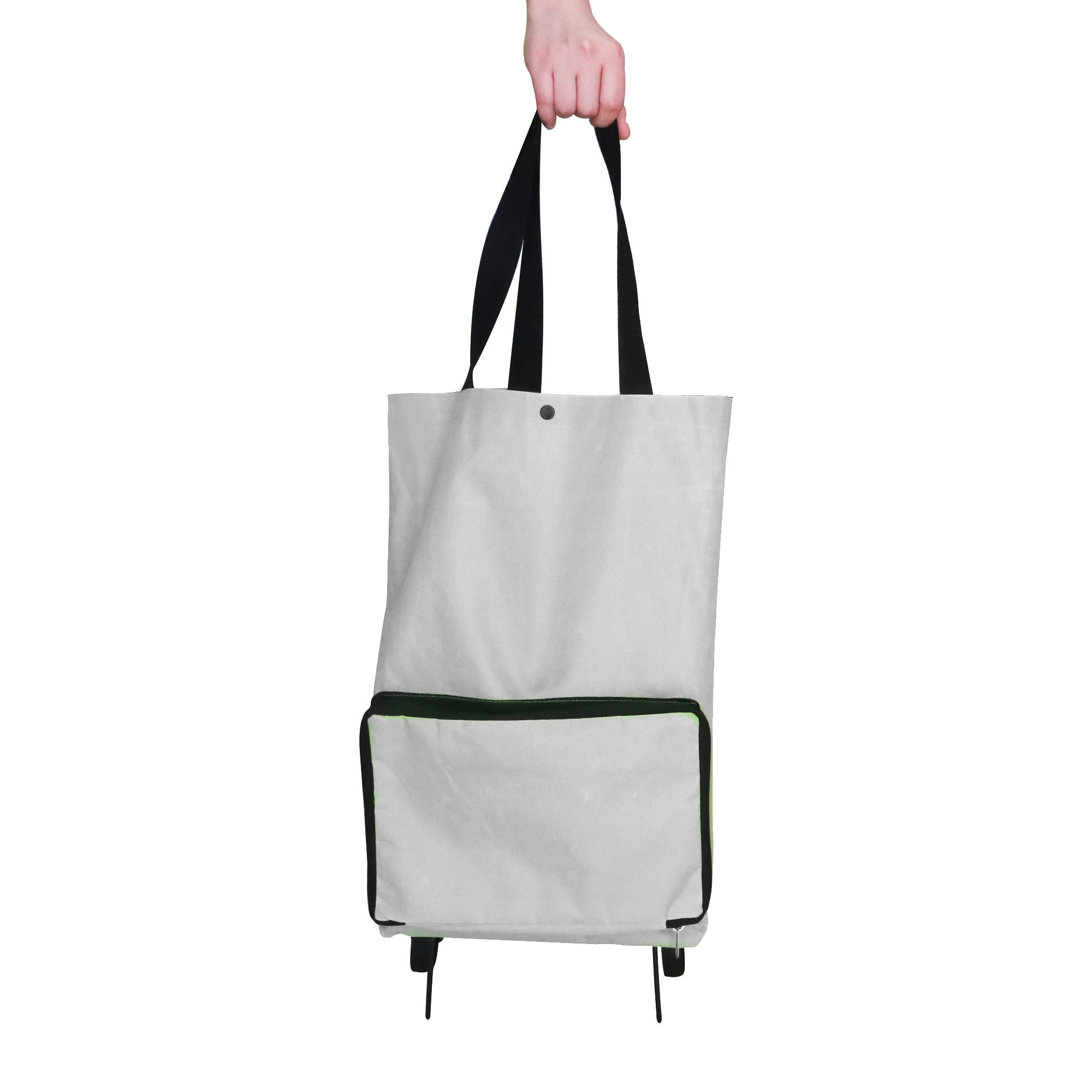 A grey collapsible shopping trolley bag with a green zippered pocket, held by a hand with black straps.