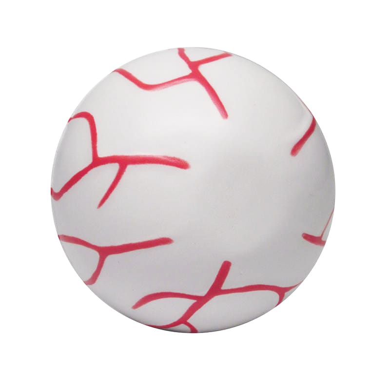 A white stress ball shaped like an eye, featuring red lines resembling veins, with a smooth surface and a small logo.