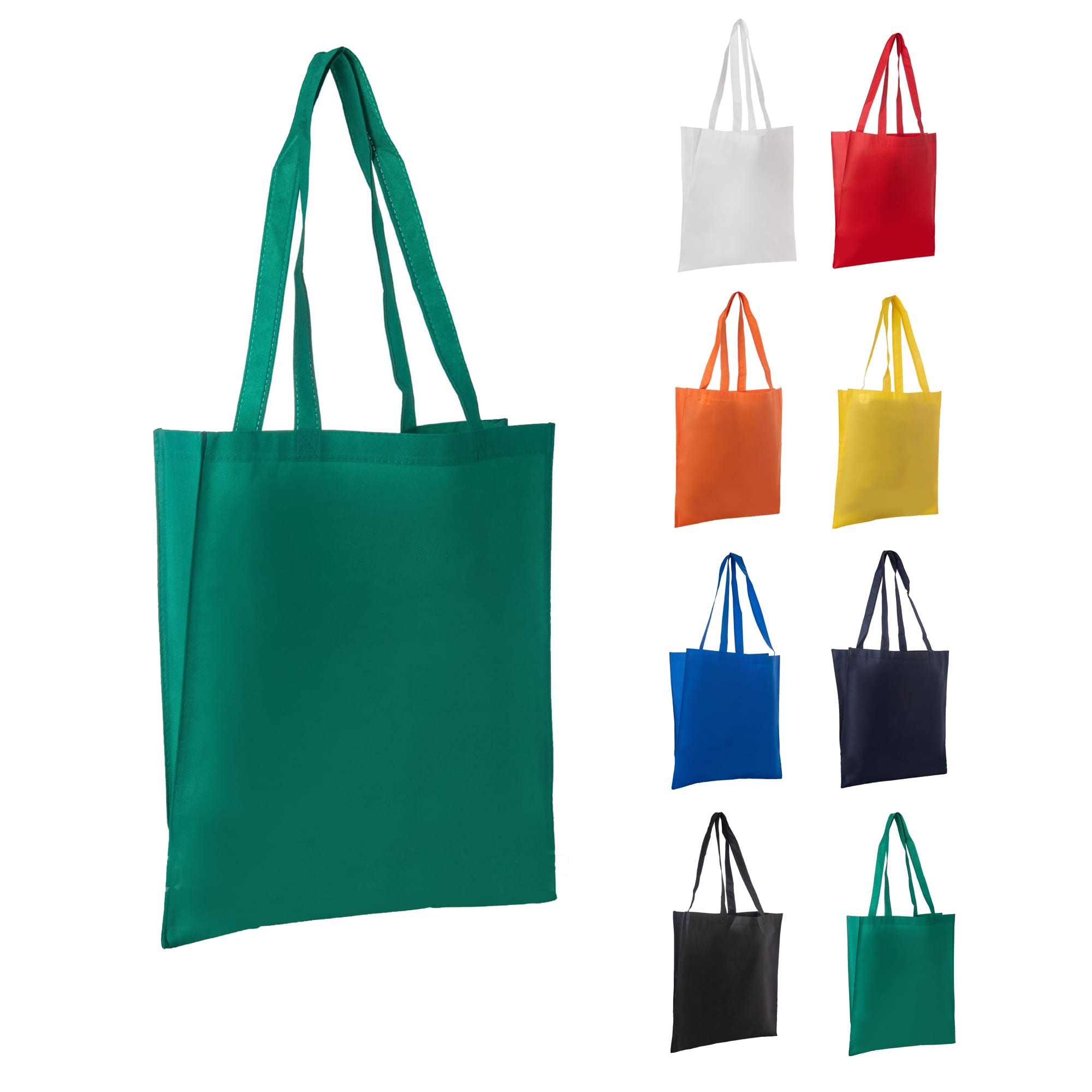 A green non-woven long handle bag with a V gusset, displayed among various coloured bags. Includes a logo.