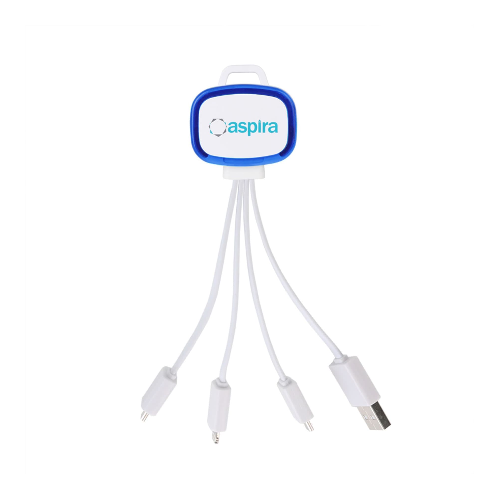 A white LED charging cable with multiple connectors and a blue logo, featuring a USB and two additional connectors.
