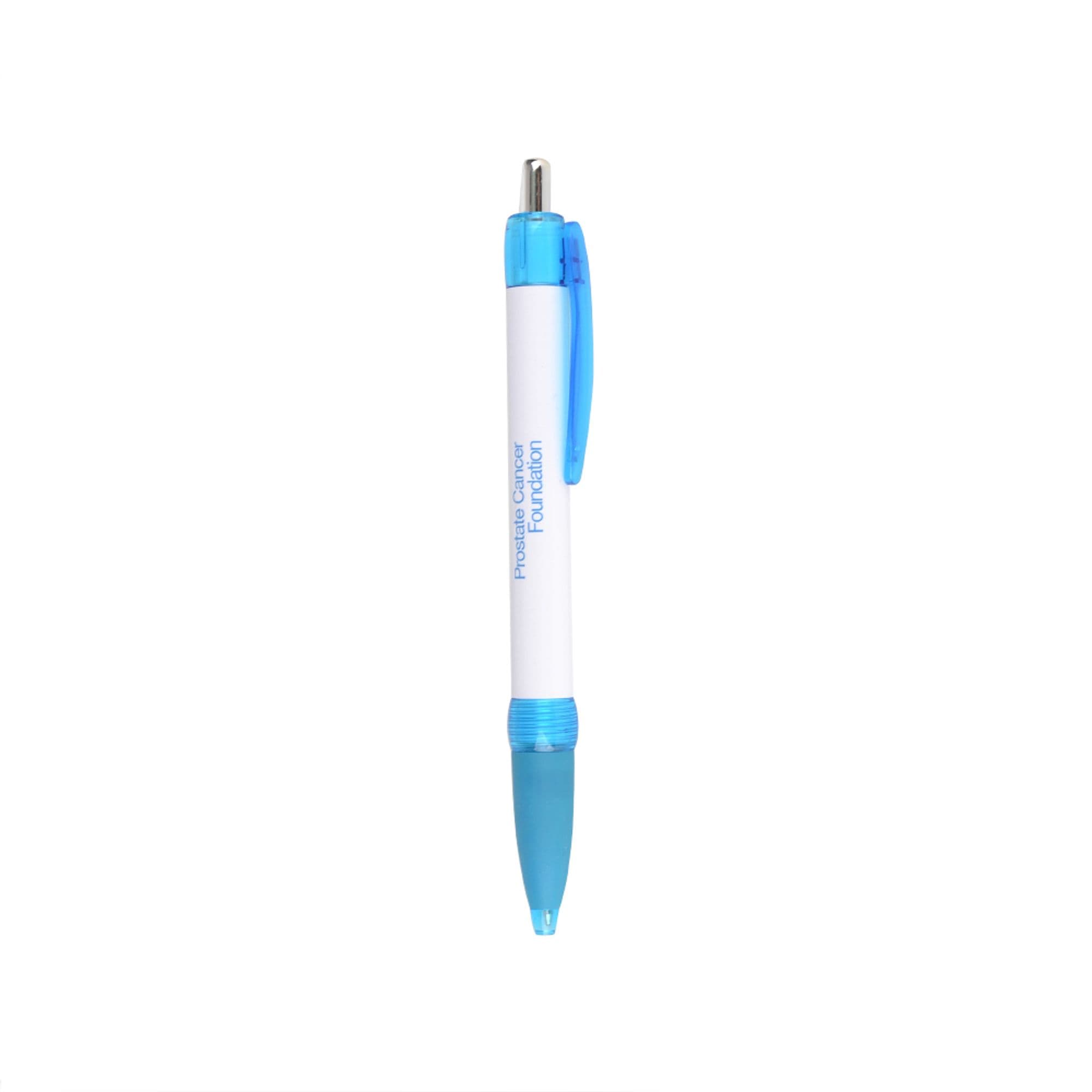 A plastic pen with a white barrel, blue grip, and blue clip, featuring a logo on the barrel.