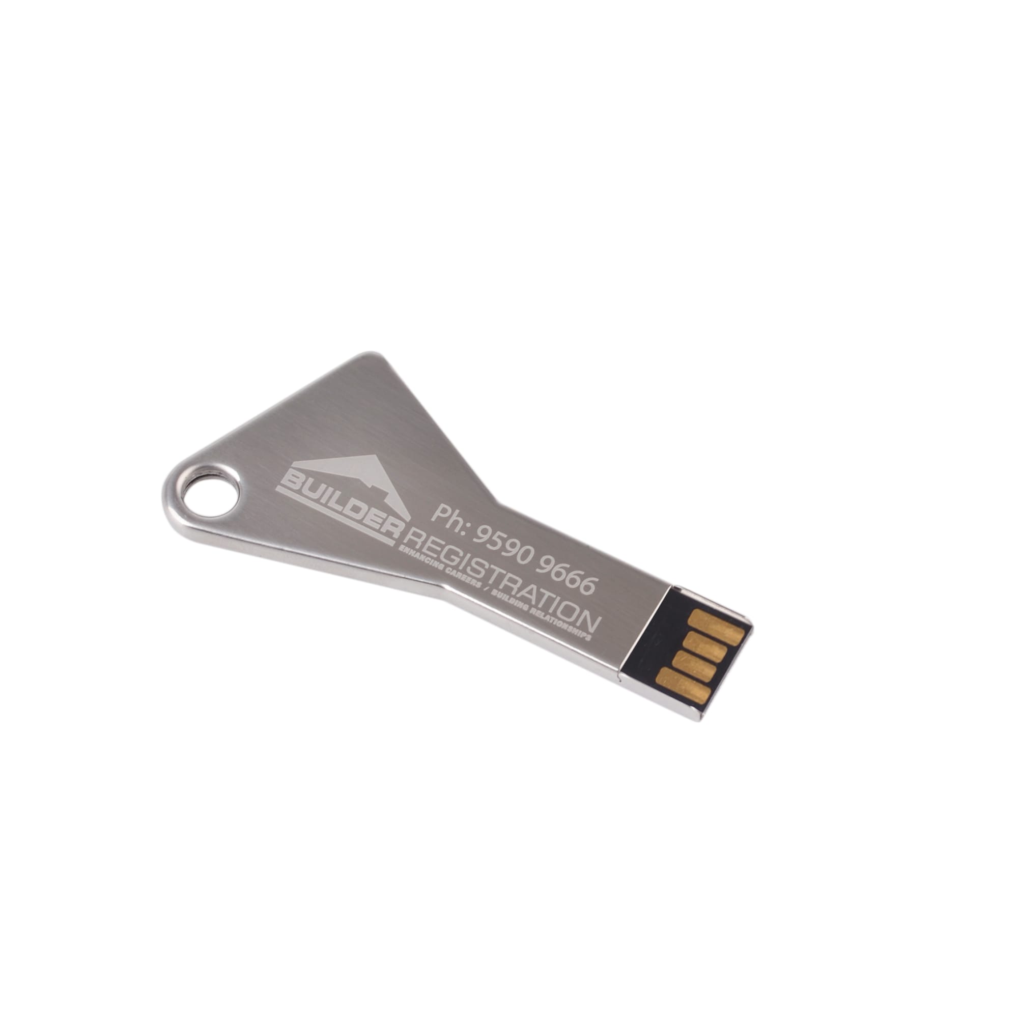 A silver flash drive in a triangular key shape with a small loop for attachment and a logo on the surface.