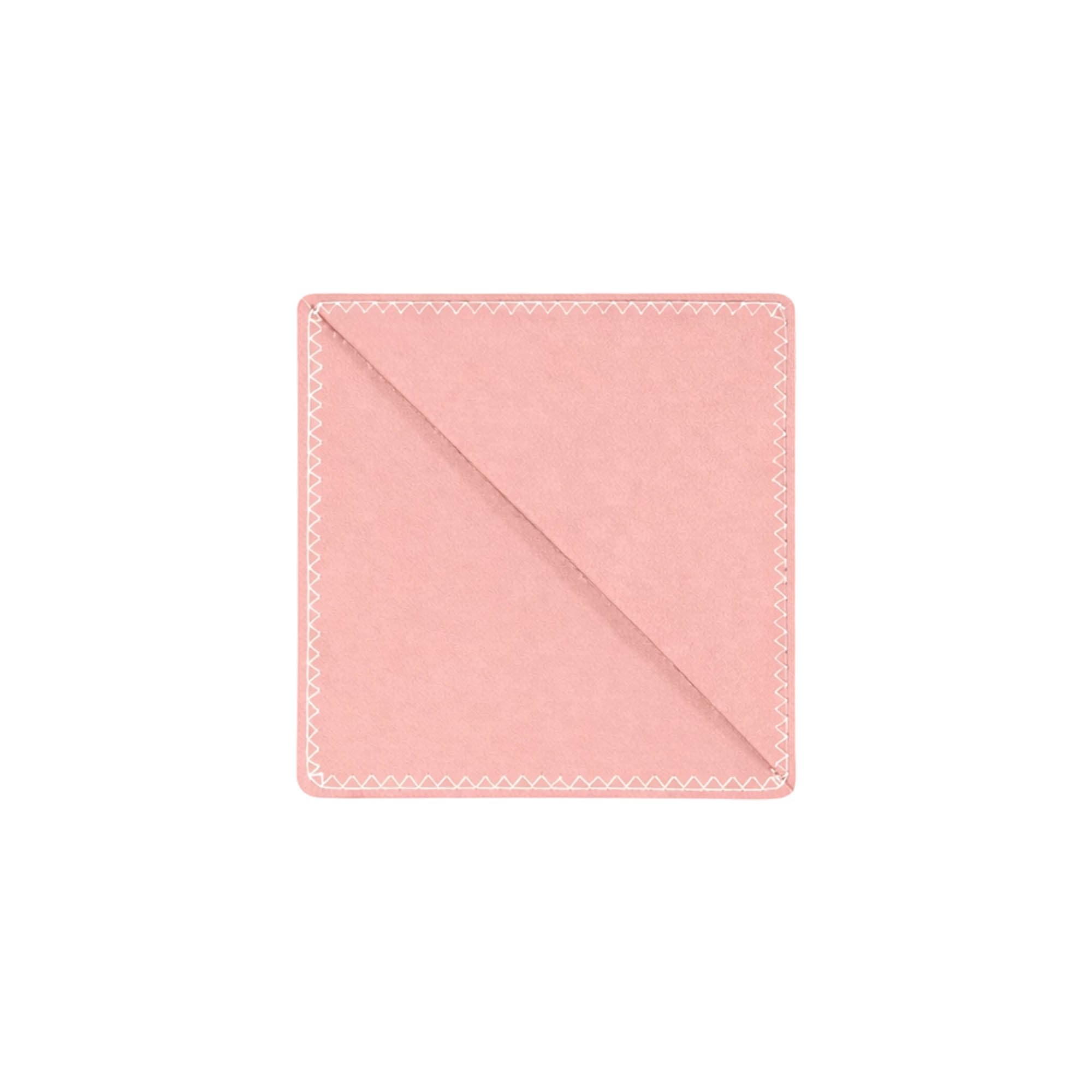 A pink PU bookmark with a stitched border, featuring a smooth surface and a slight fold. Includes a logo.