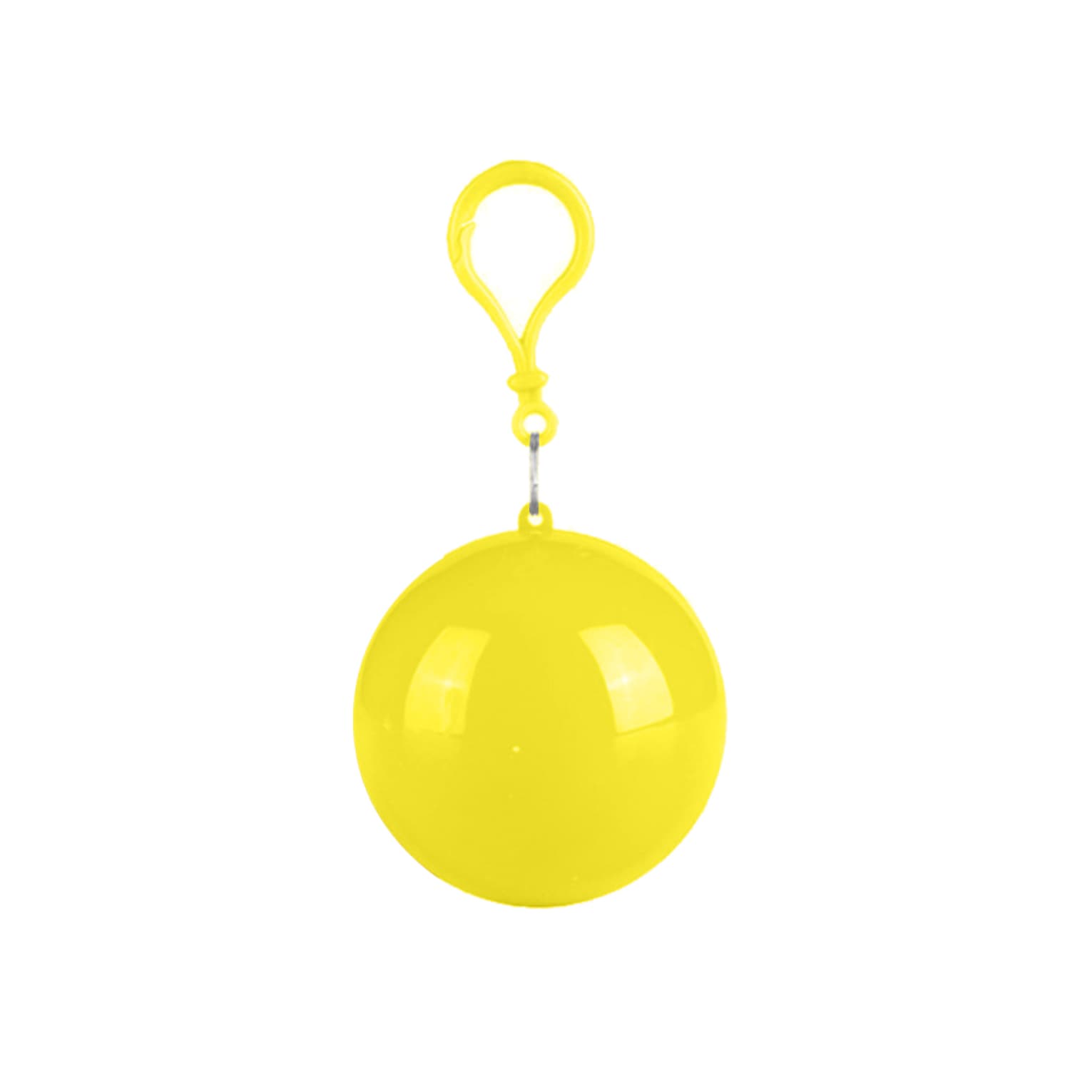 A yellow ball-shaped container with a clasp, designed for holding a rain poncho. It features a shiny surface.