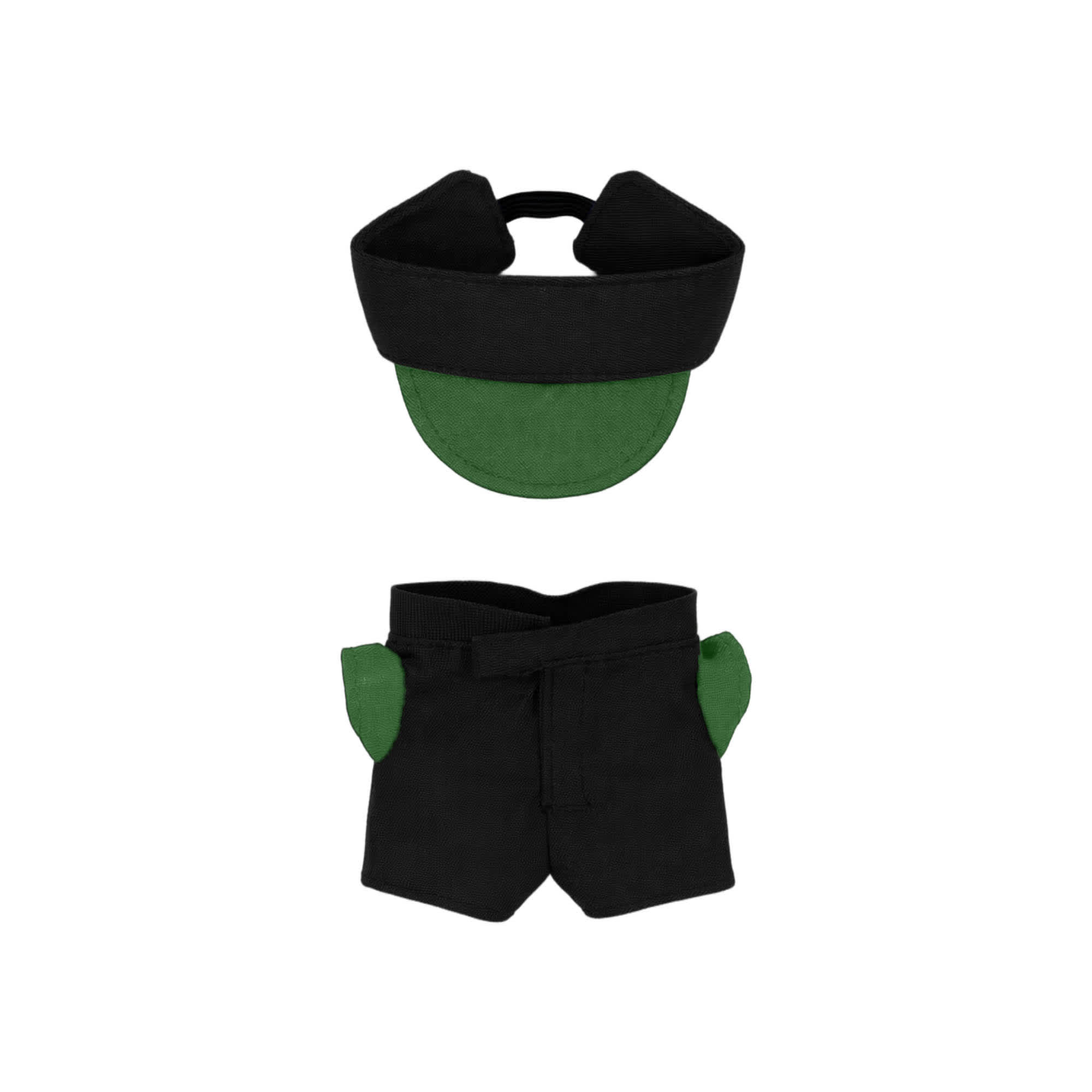A plush doll racing suit set in black with green accents, including a cap and shorts. Features a logo.