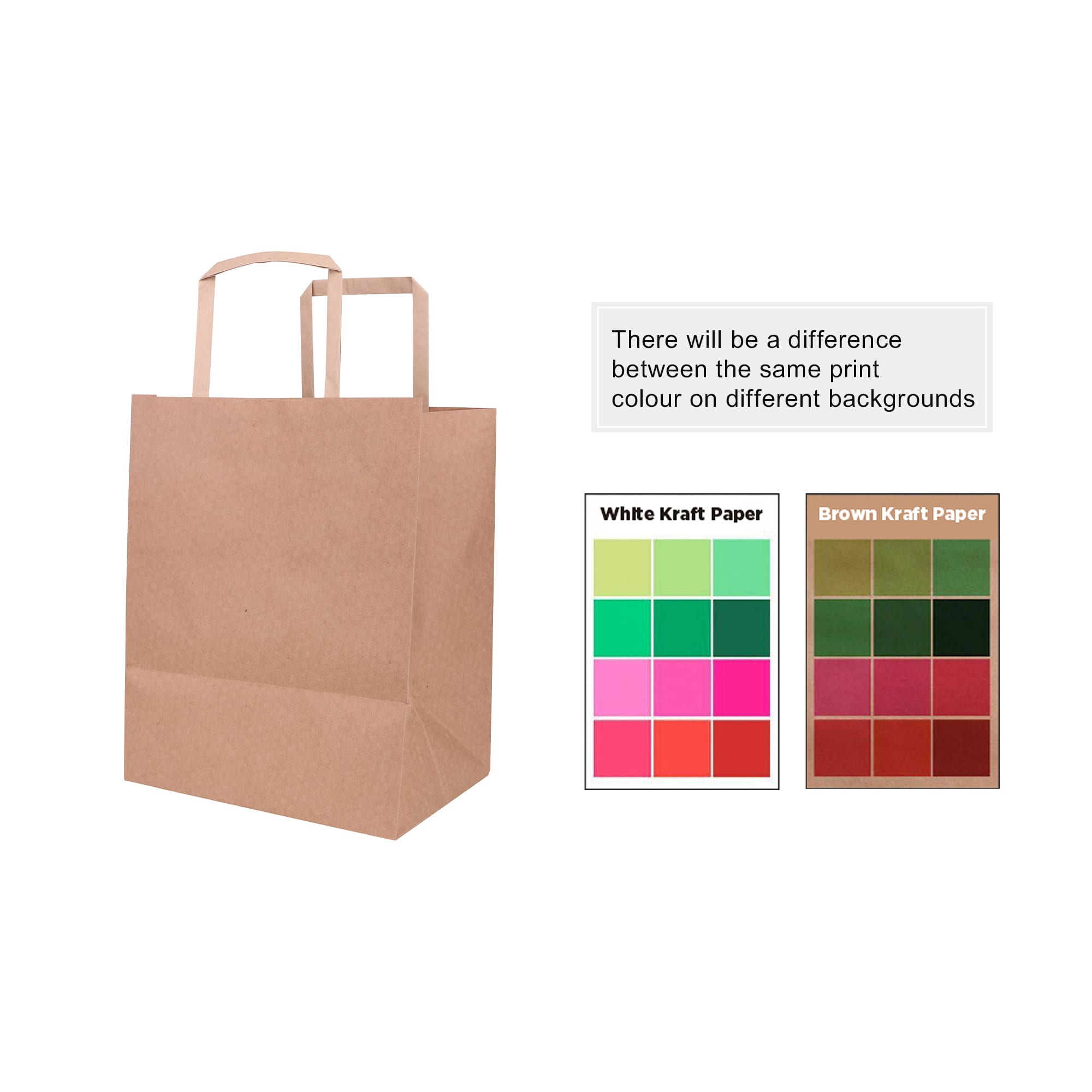 Kraft paper bag in brown, featuring flat handles and a rectangular shape, alongside colour swatches for options.