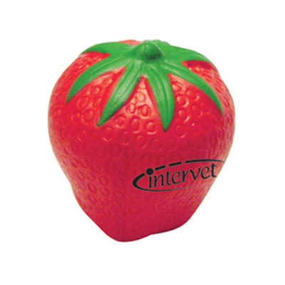 A red strawberry-shaped stress reliever with a green leafy top and a logo on the side.