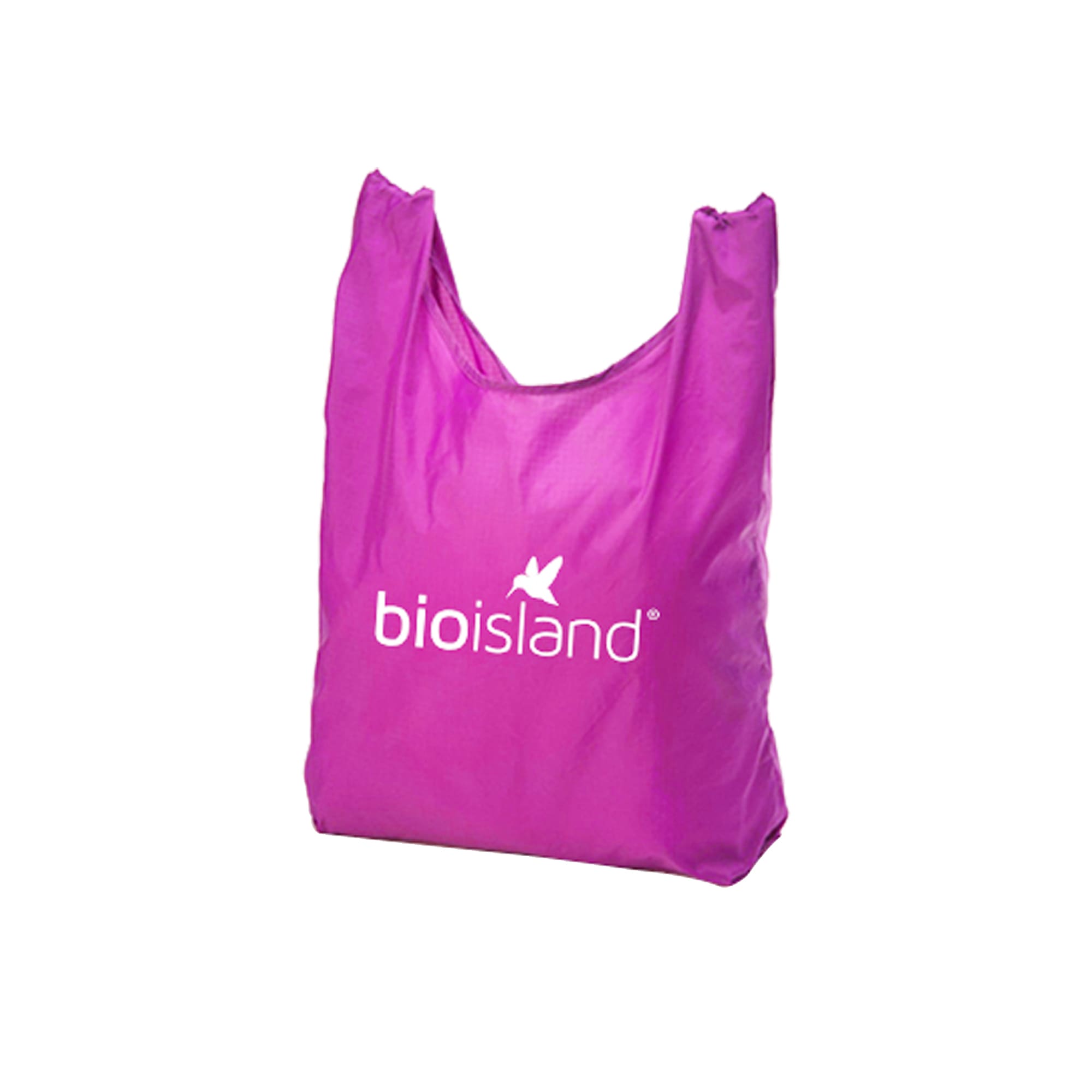 A foldaway shopping tote bag in vibrant pink with a logo on the front.