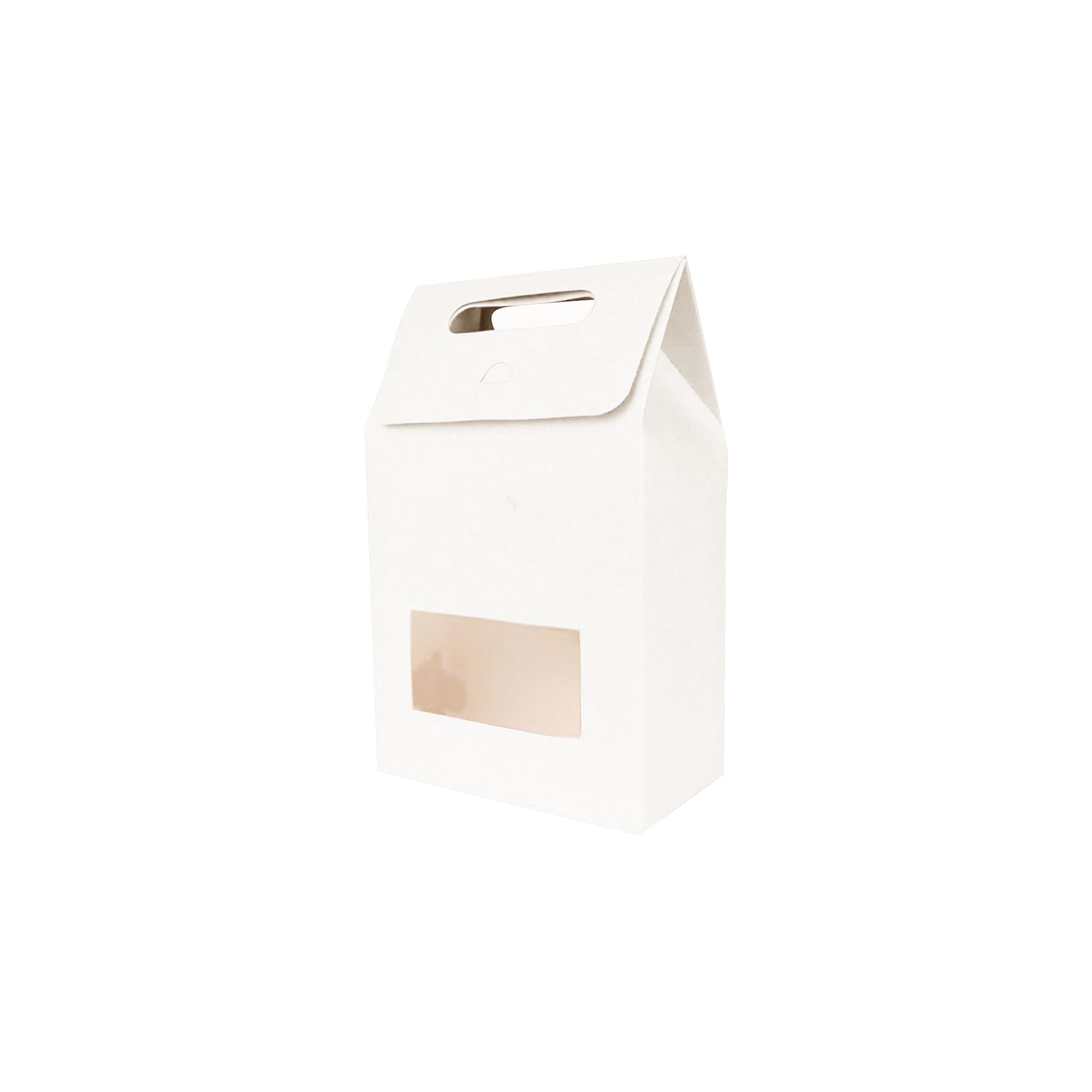 A white die cut handle bag with a window, featuring a simple design and a top handle for easy carrying.